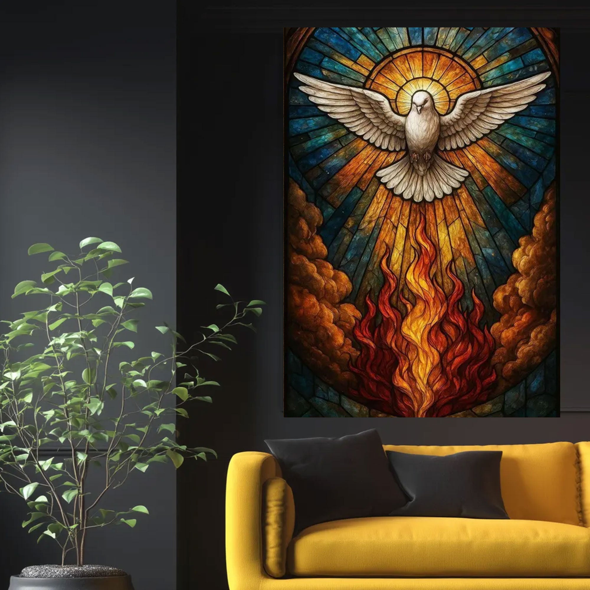 Spiritual Dove Canvas Wall Art, Stained Glass Style Holy Fire and Divine Light, Inspirational Christian Faith Home Decor