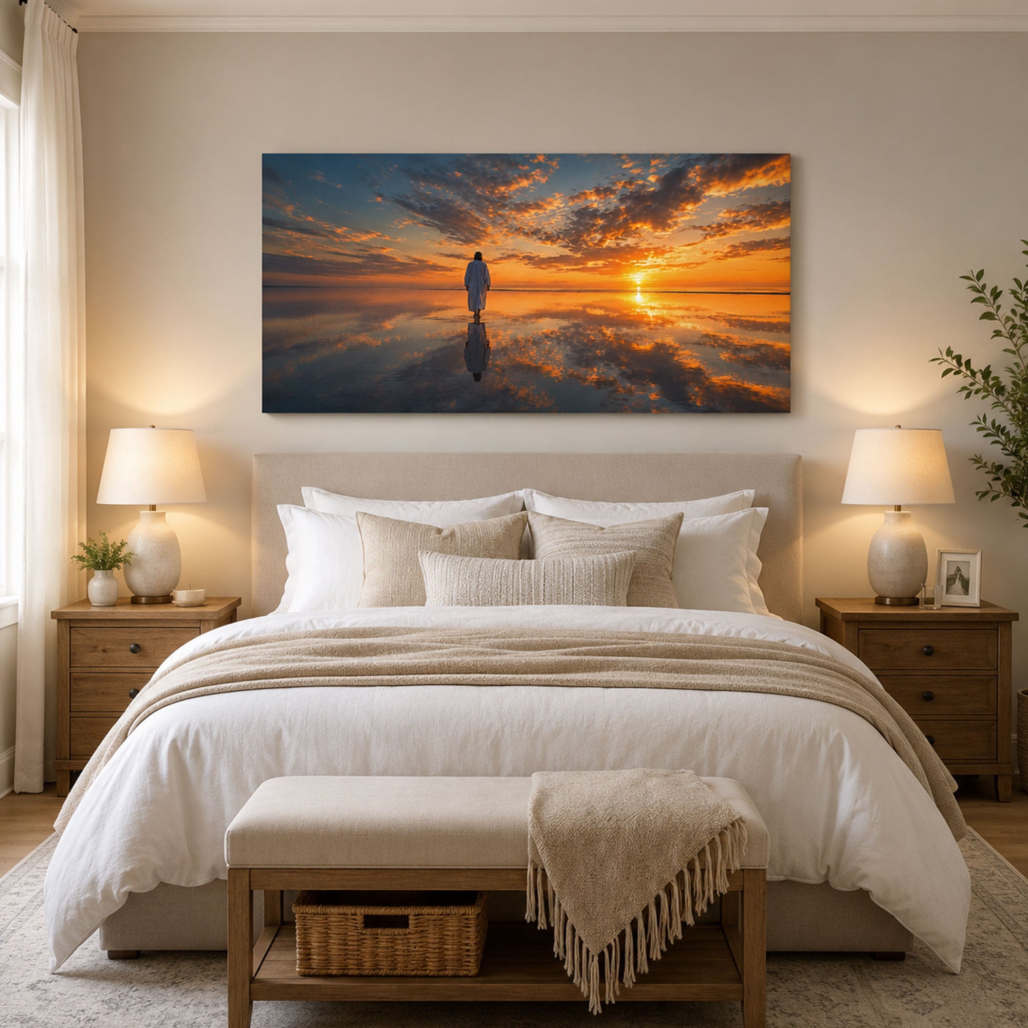 Jesus Walking on Water Sunset Canvas Print, Panoramic Christian Seascape Wall Art, Faith Home Decor Gift