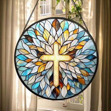 Stained Glass Cross Suncatcher, Spiritual Christian Window Decor, Faith-Based Home Accent Gift