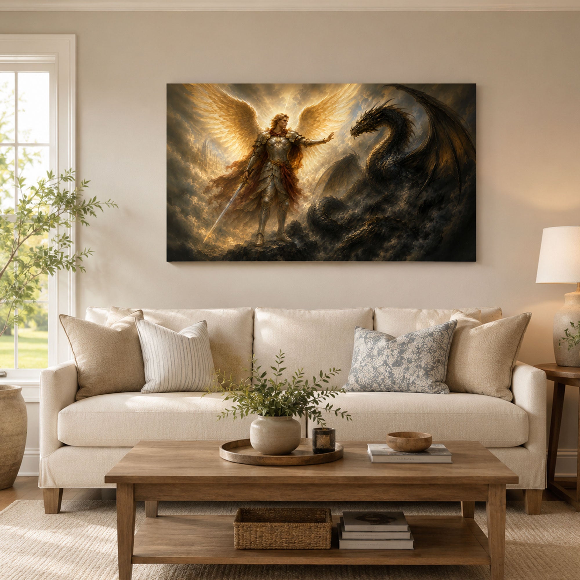 Saint Michael Defeating the Dragon Canvas Print, Catholic Home Decor