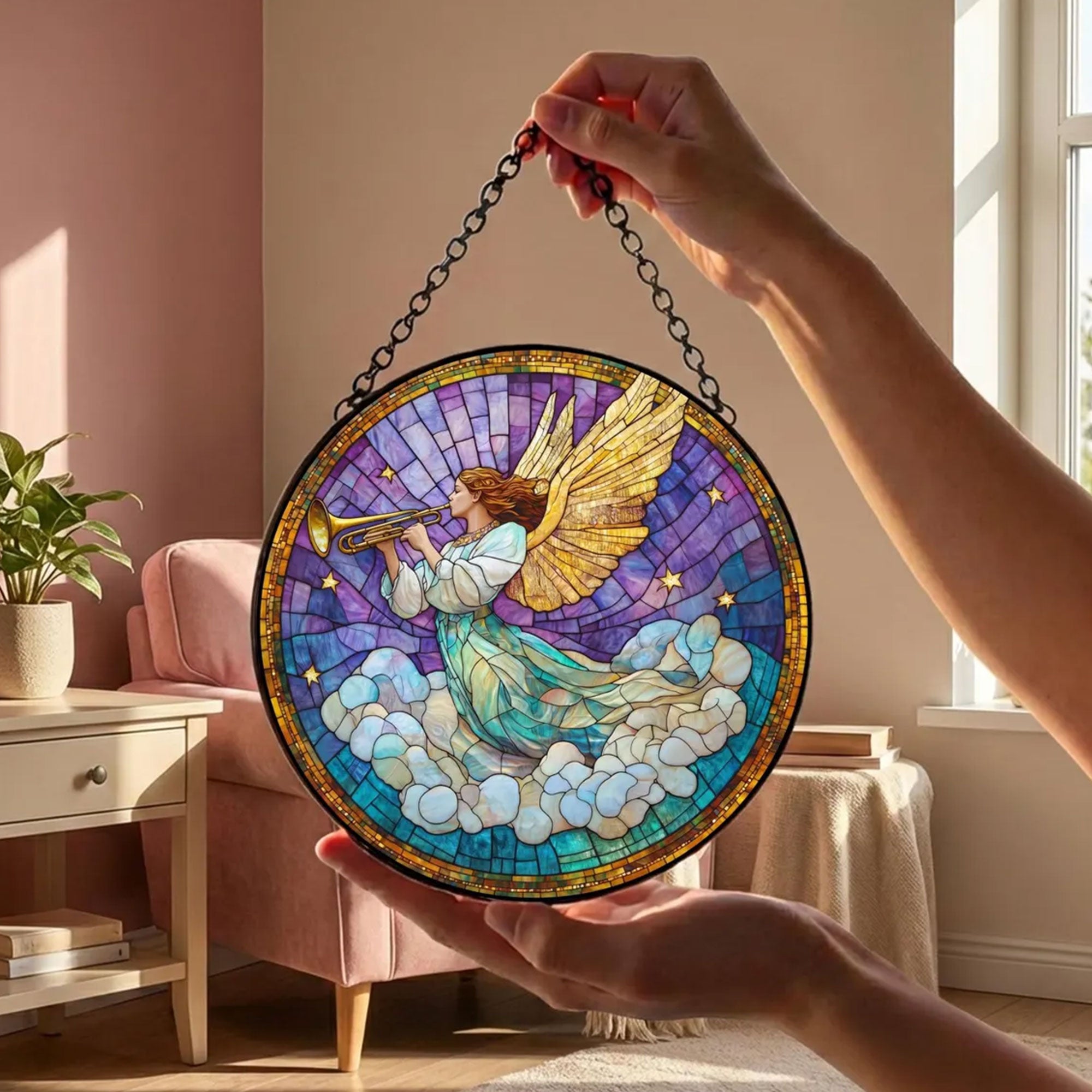 Guardian Angel Stained Glass Suncatcher, Christian Floral Window Hanging Gift