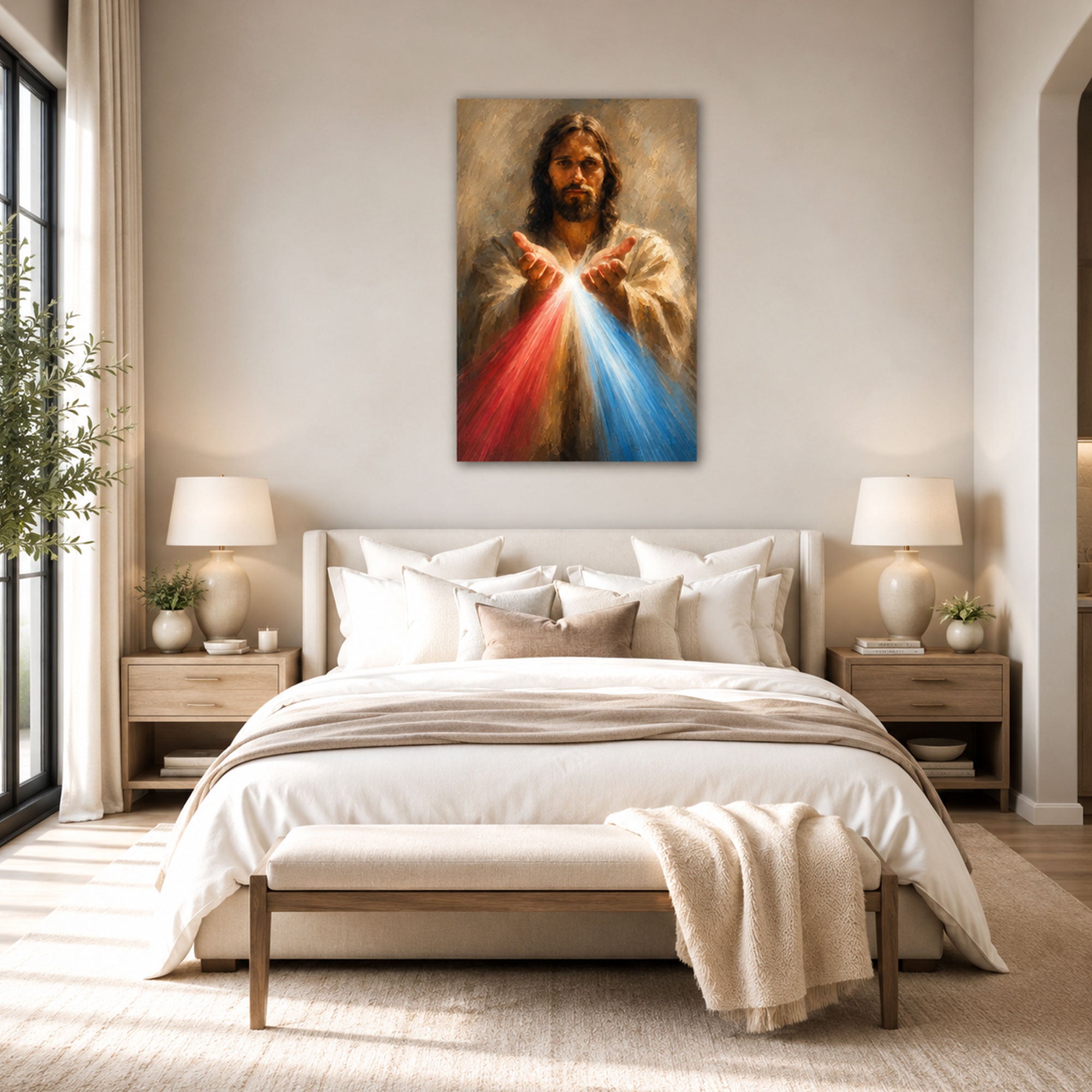 Divine Mercy Jesus Canvas Print, Red and Blue Rays Catholic Wall Decor, Christian Faith Gift