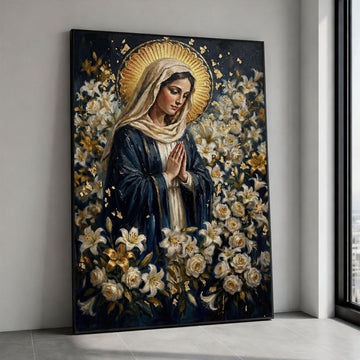 Madonna in Silent Prayer Canvas Print, Sacred Lily Garden Artwork, A Devotional Expression of Grace and Purity