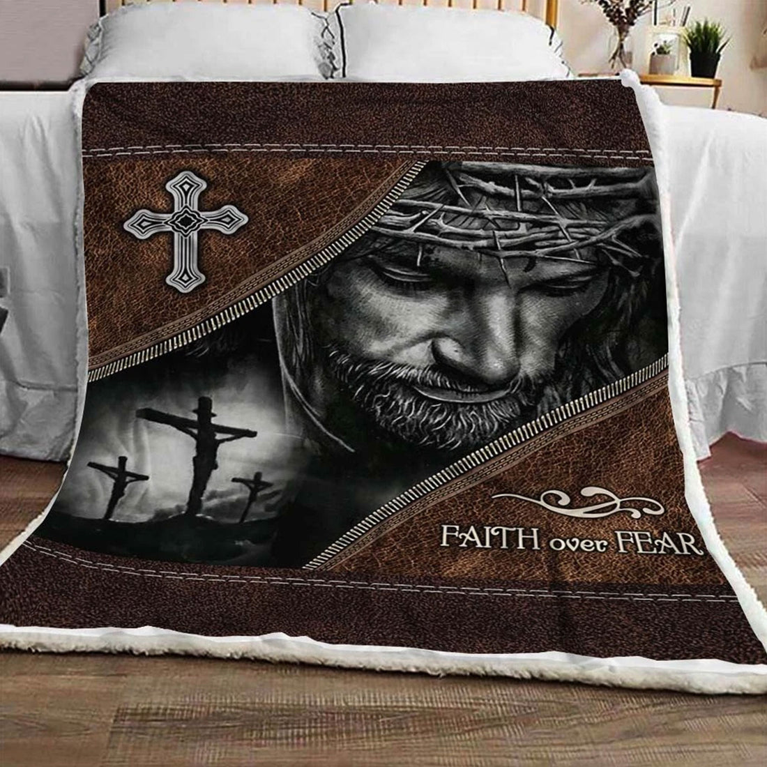 Jesus Faith Over Fear Fleece Blanket, Christian Throw Blanket, Inspirational Faith Gift, Religious Home Decor, Birthday Gift