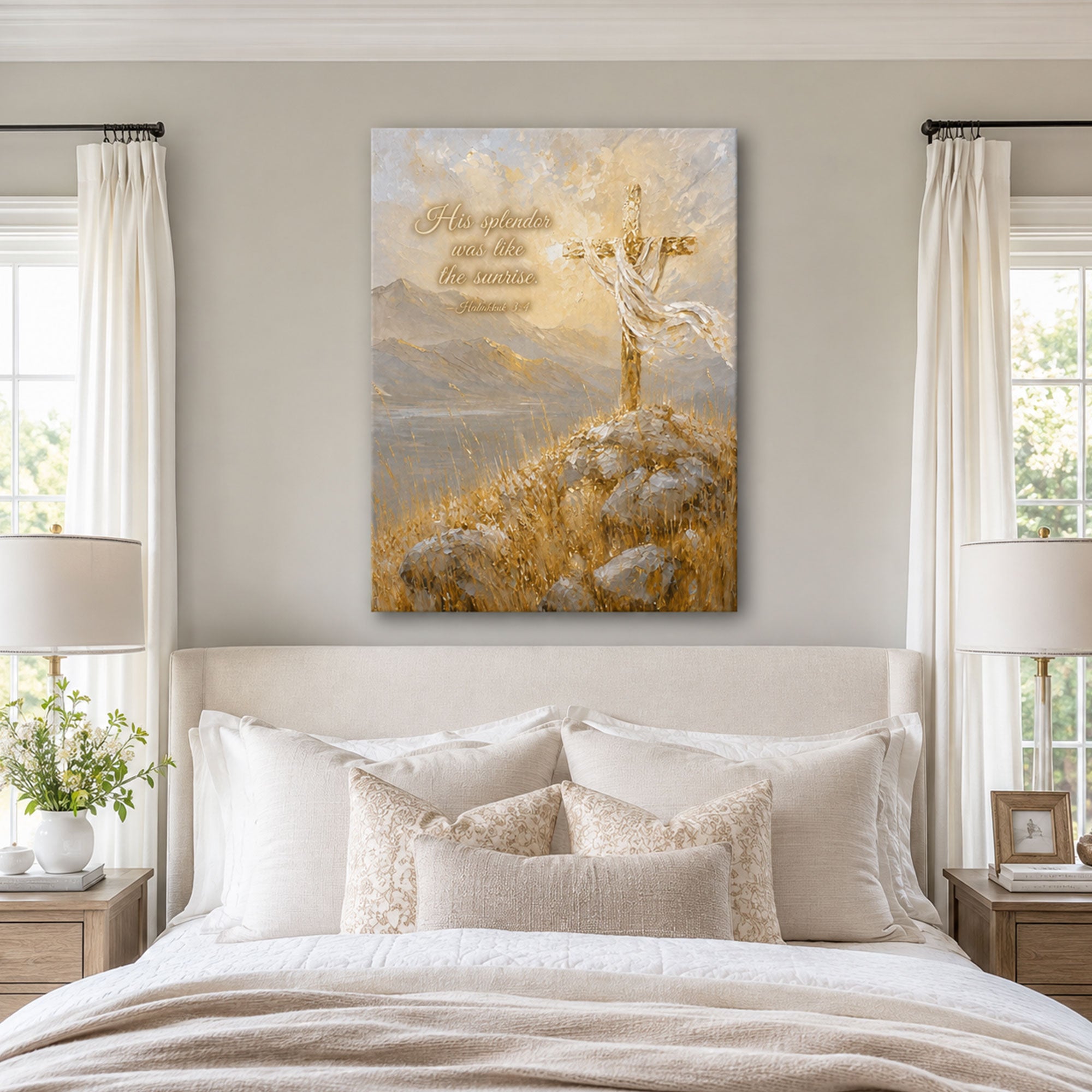 Habakkuk 3:4 Cross Canvas Print, His Splendor Was Like the Sunrise, Christian Wall Decor