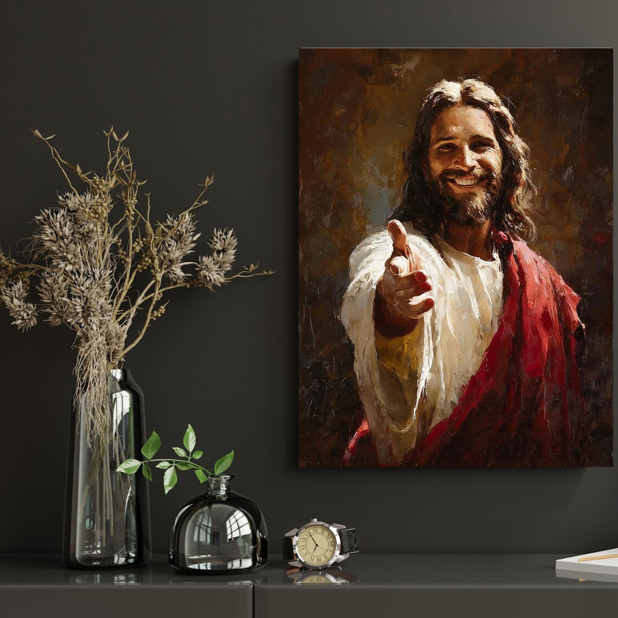 Smiling Jesus Welcoming Canvas Print, Inspirational Christian Faith Wall Art, Religious Home Decor Gift