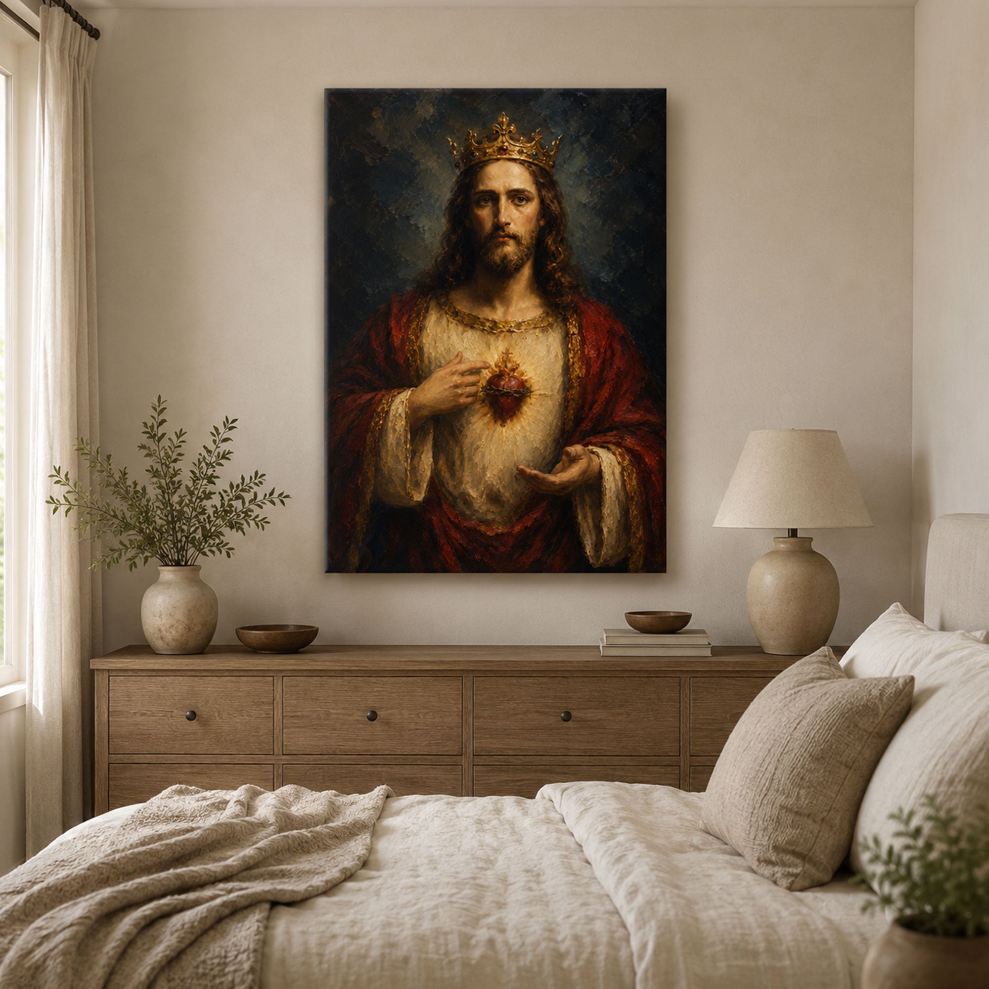 Christ the King Sacred Heart Canvas Print, Crowned Jesus Catholic Wall Art, Royal Christian Home Decor