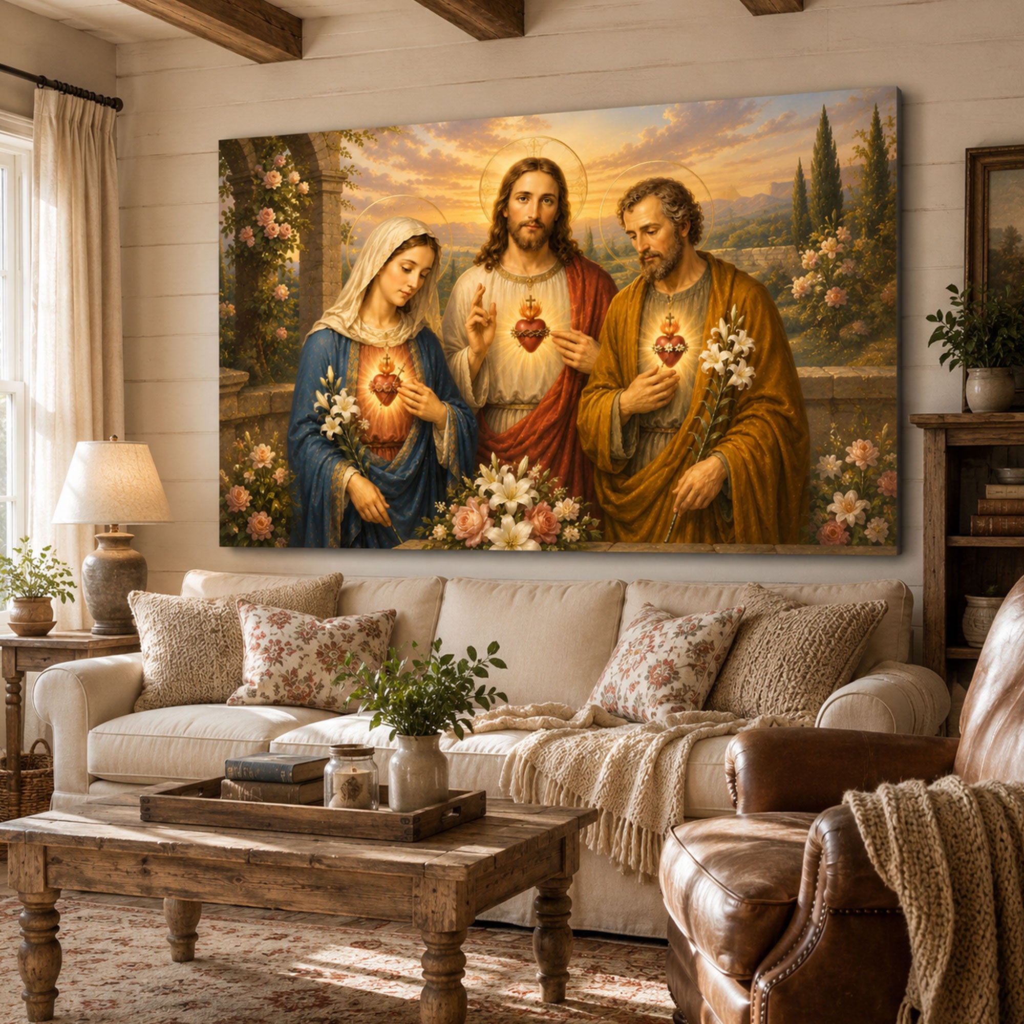 Holy Family Sacred Hearts Canvas Print, Jesus Mary and Joseph Christian Wall Art, Catholic Religious Home Decor