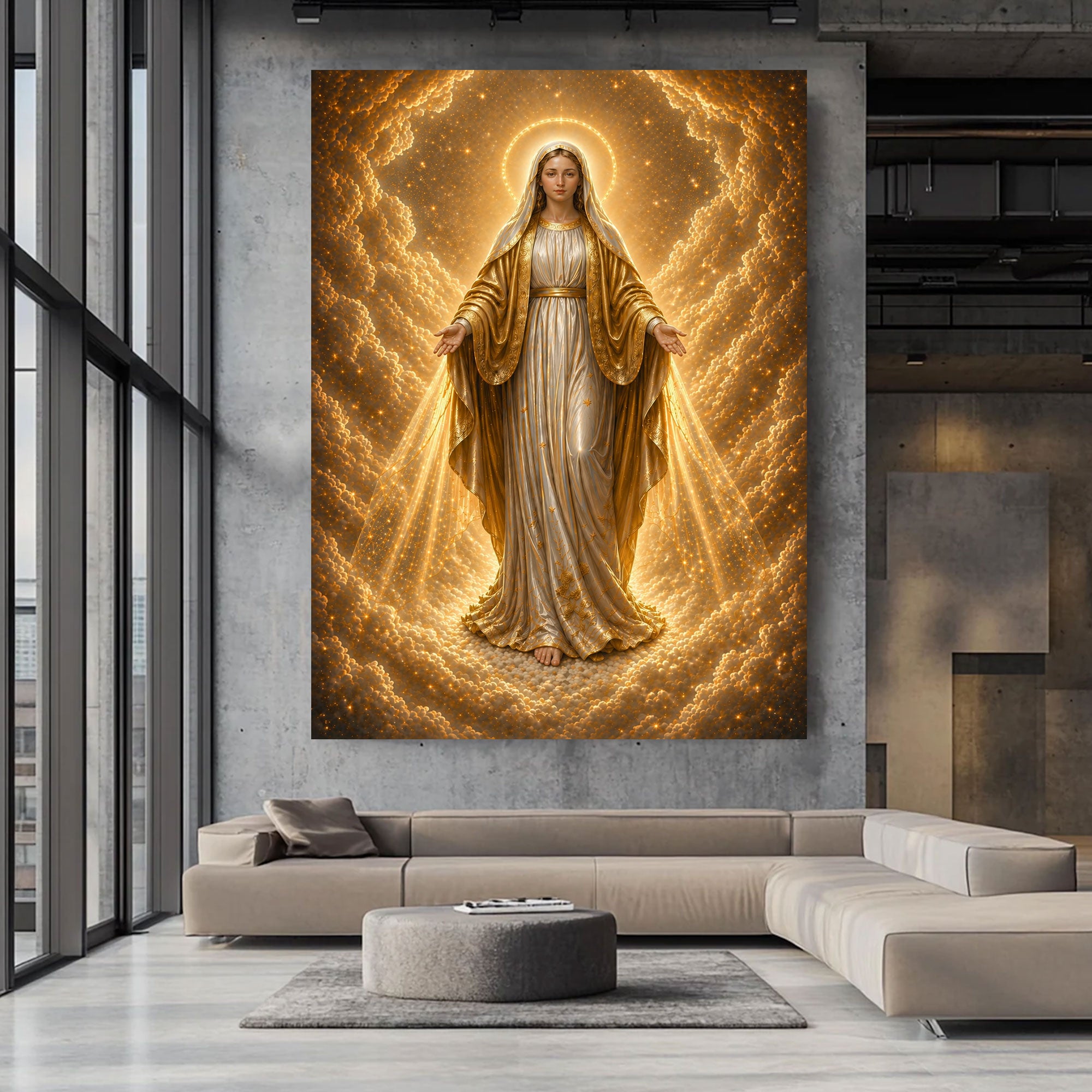 Our Lady of Heavenly Light Canvas Print, Radiant Virgin Mary Wall Art, Catholic Divine Grace Decor, Golden Sacred Artwork