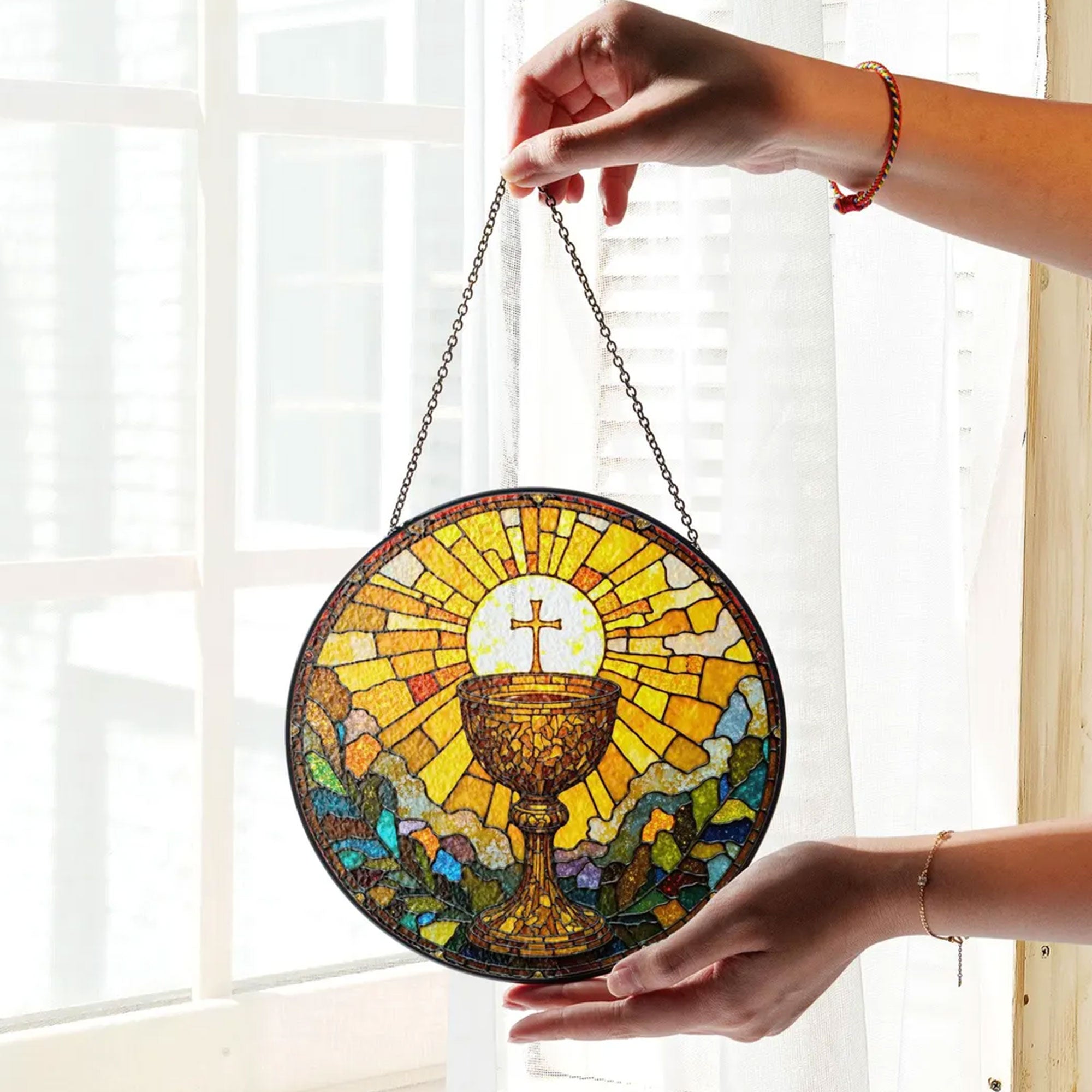 Holy Eucharist Chalice Stained Glass Suncatcher, Catholic Window Hanging Decor, First Communion Religious Gift