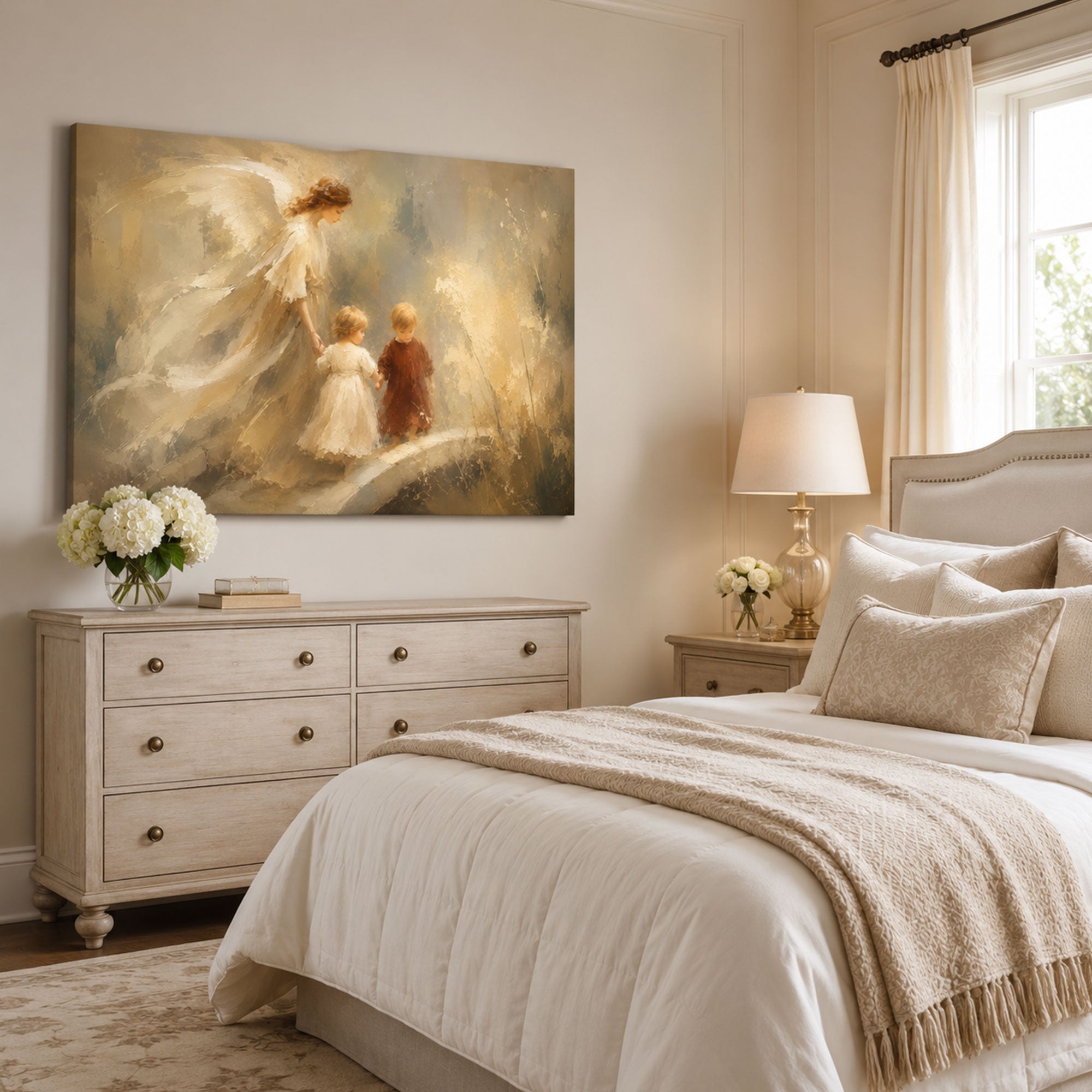 Guardian Angel Guiding Two Children Canvas Print, Golden Christian Family Decor
