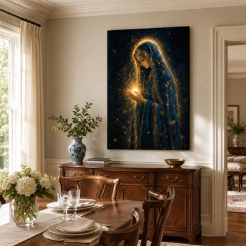 Blessed Virgin Mary Holding Divine Light Canvas Print, Midnight Blue Catholic Decor