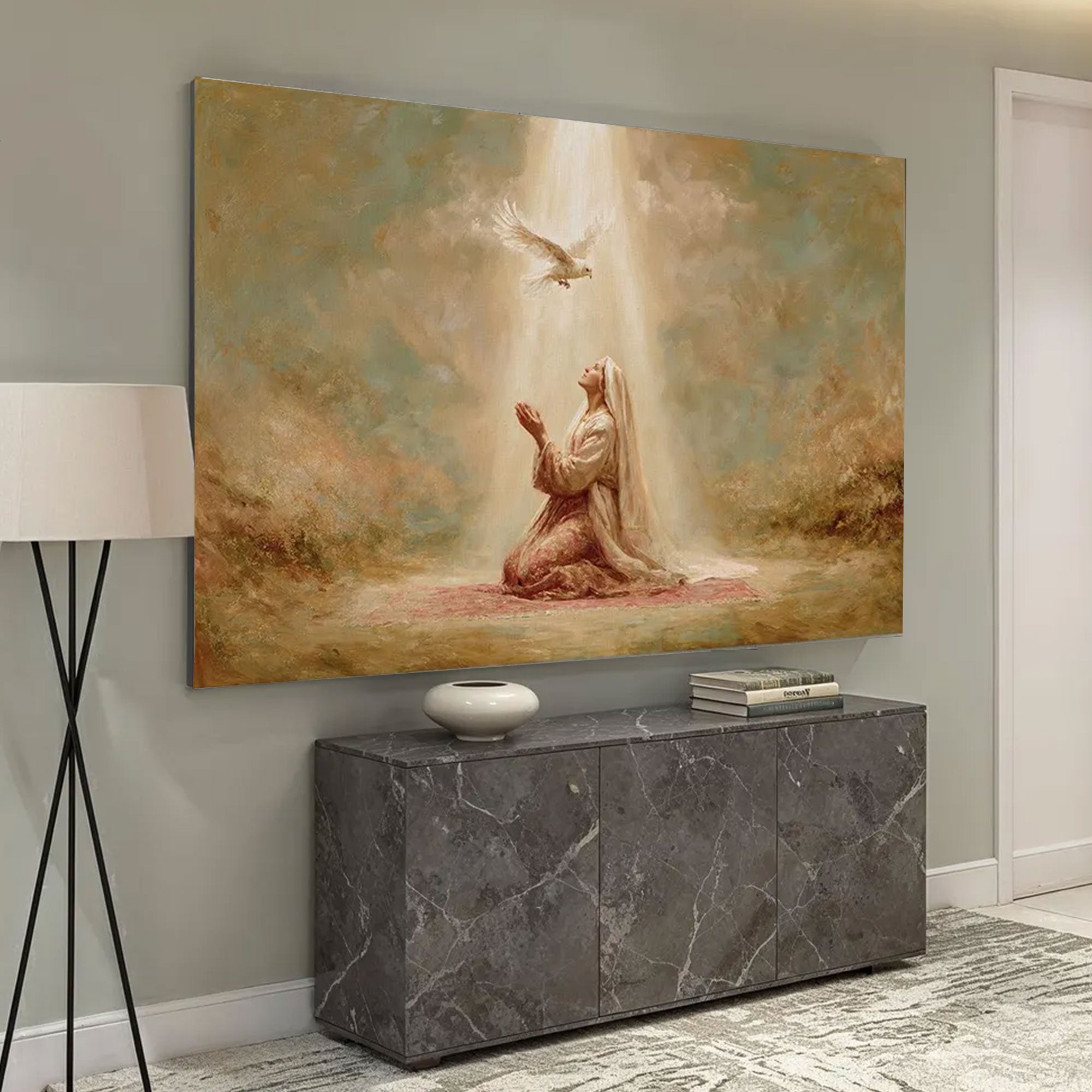Praying Madonna & Dove Canvas Print, Virgin Mary Catholic Art Home Decor