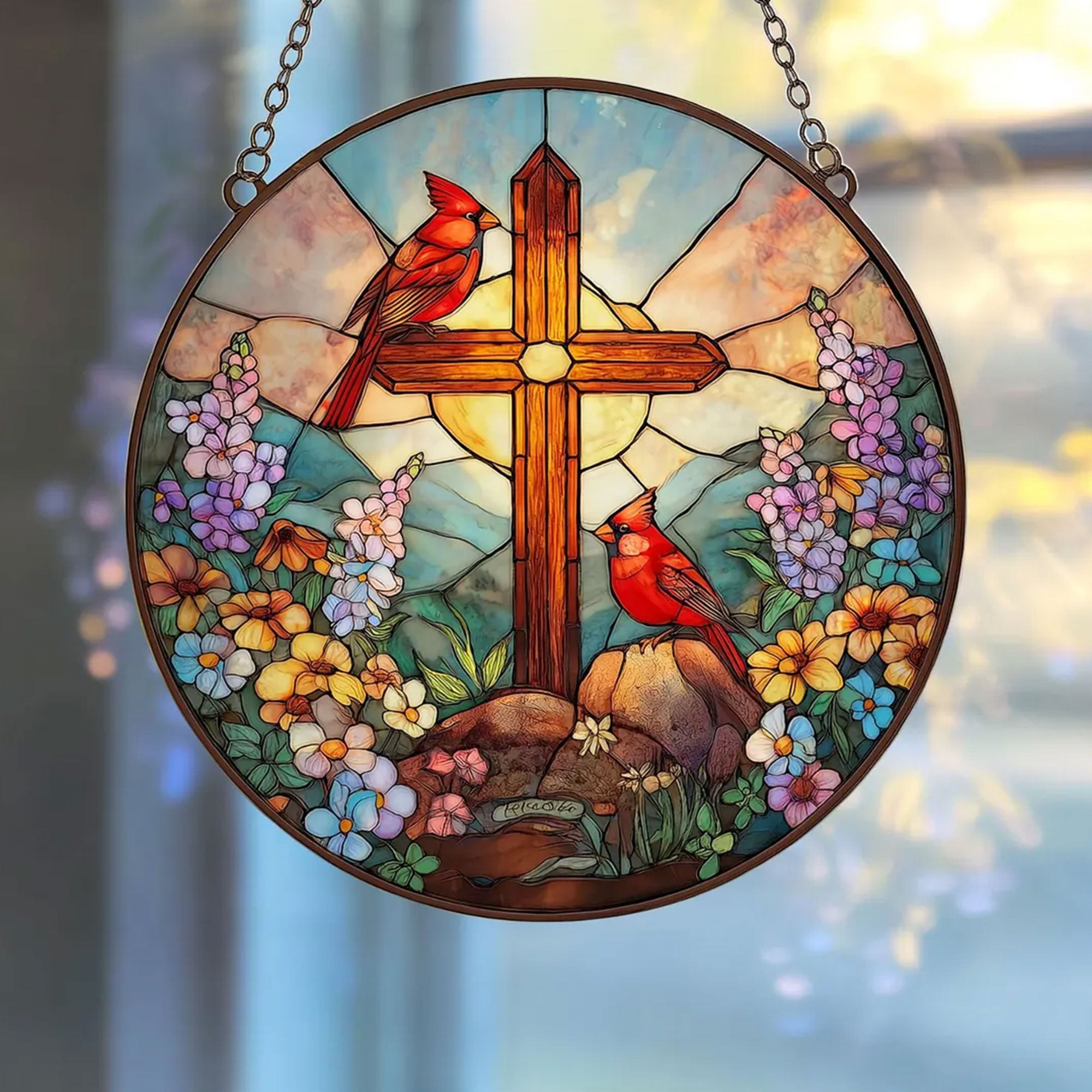 Cardinal with Cross Stained Glass Suncatcher, Christian Window Hanging Decor, Memorial Faith Gift