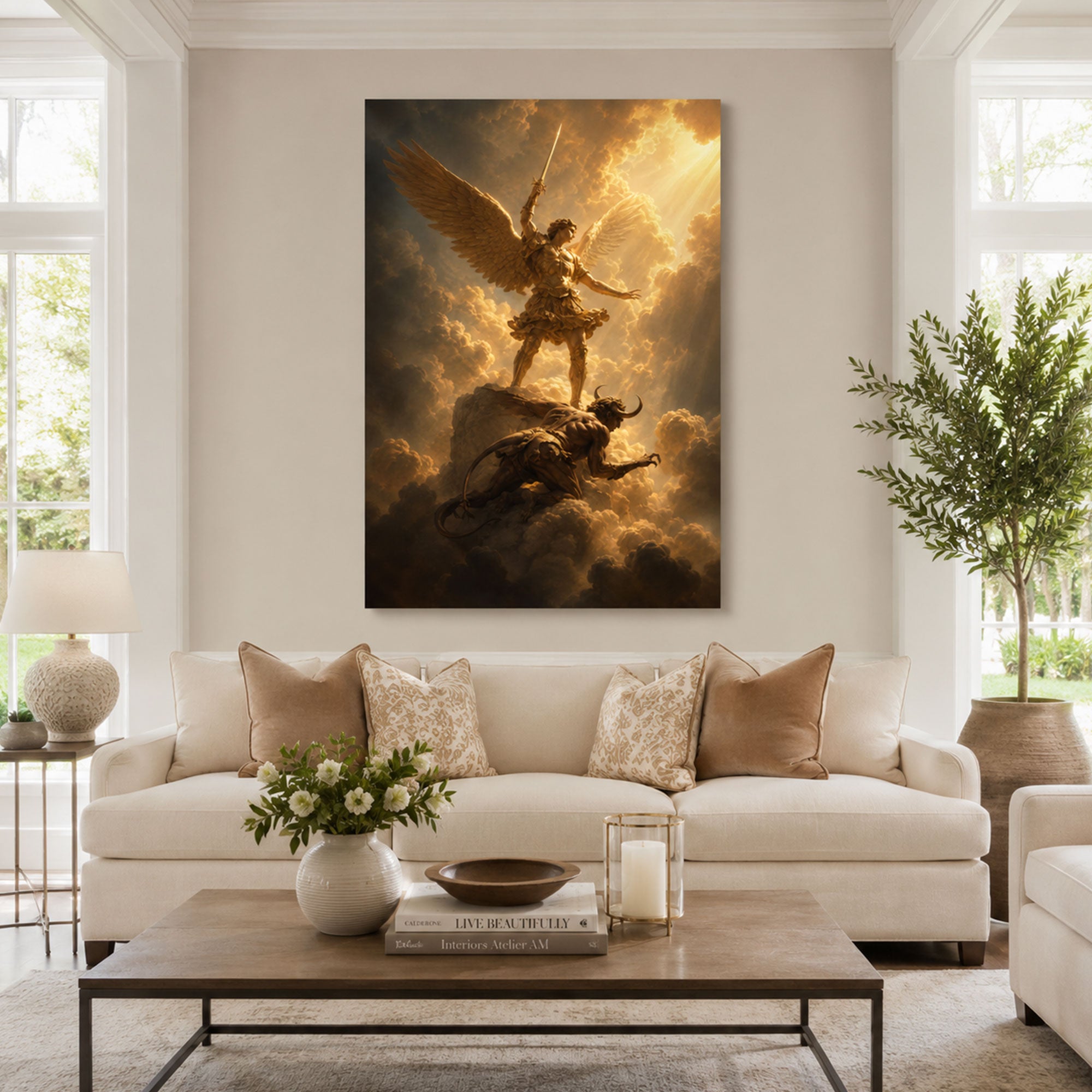 Saint Michael Defeating Satan Canvas Print, Catholic Protection Wall Decor, Christian Faith Gift