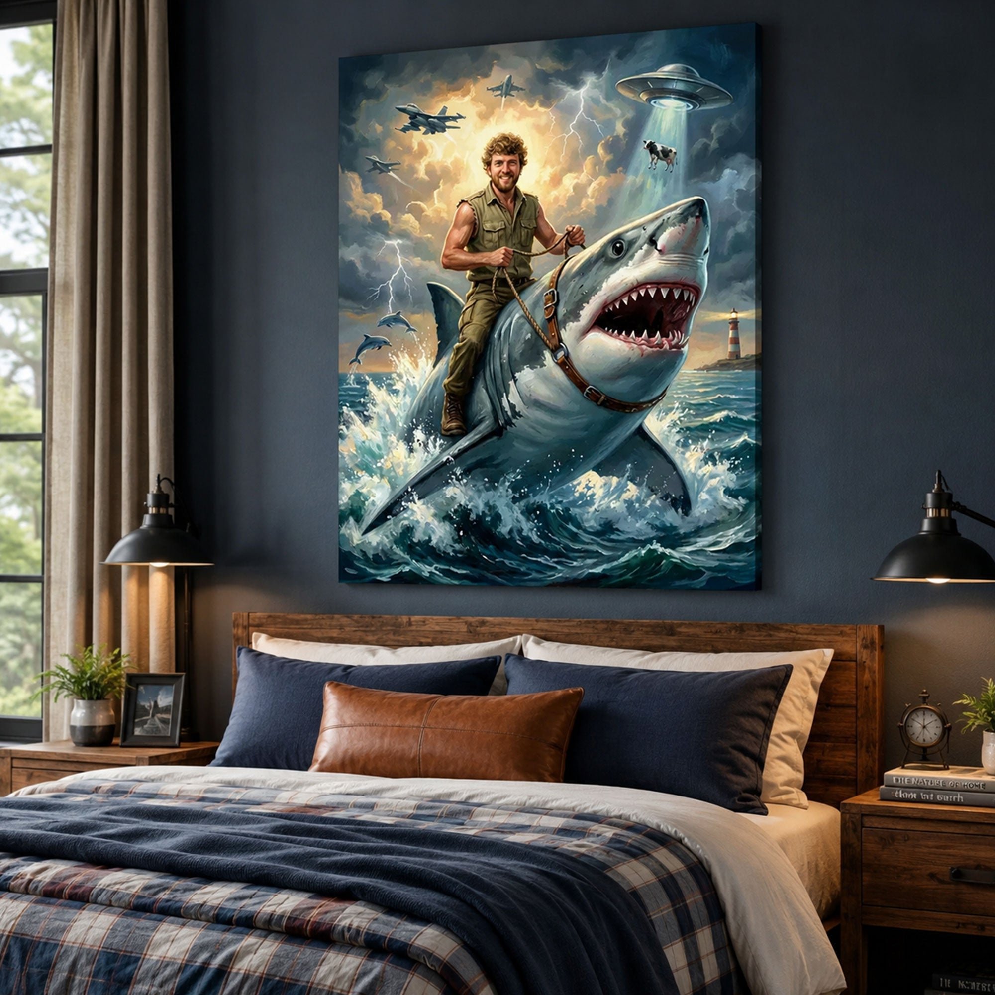 Custom Face For Dad Shark Rider Canvas, Personalized Ocean Adventure Portrait, Funny Father’s Day Gift