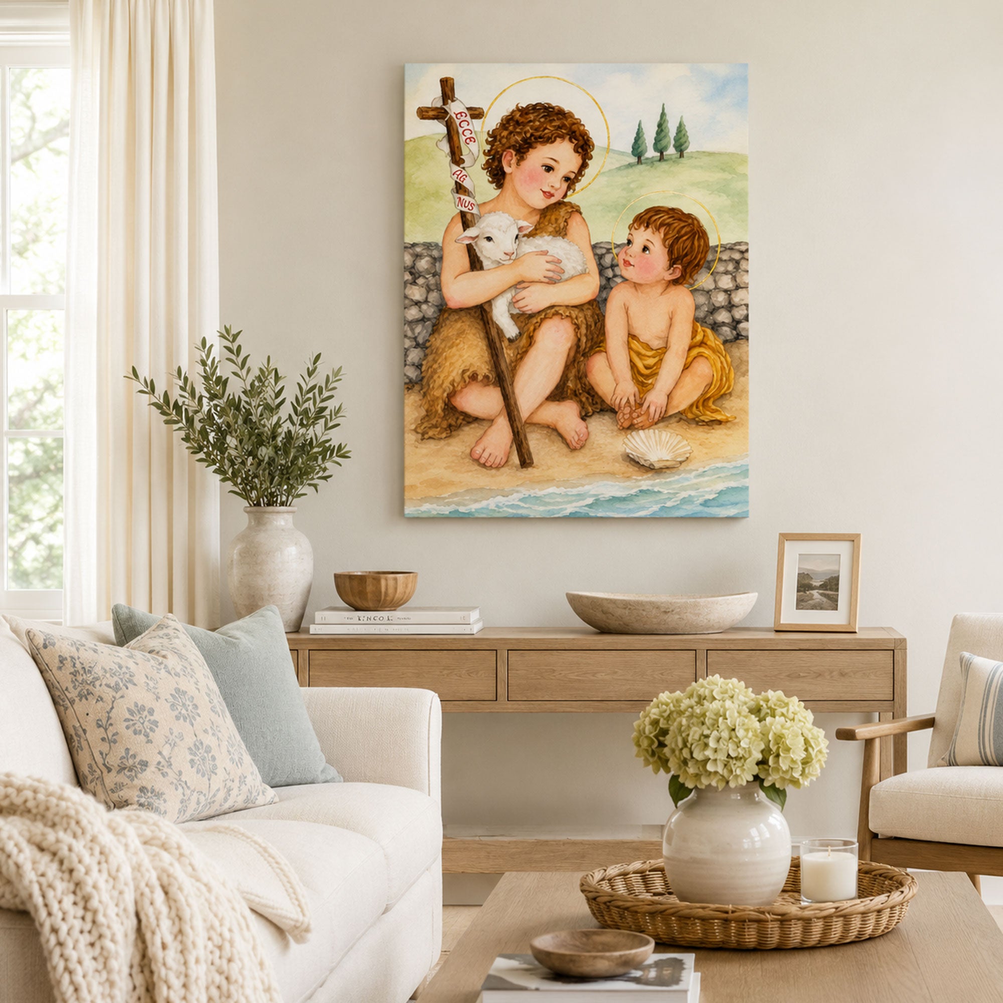 Child Jesus and Saint John the Baptist Canvas Print, Lamb of God Catholic Wall Decor