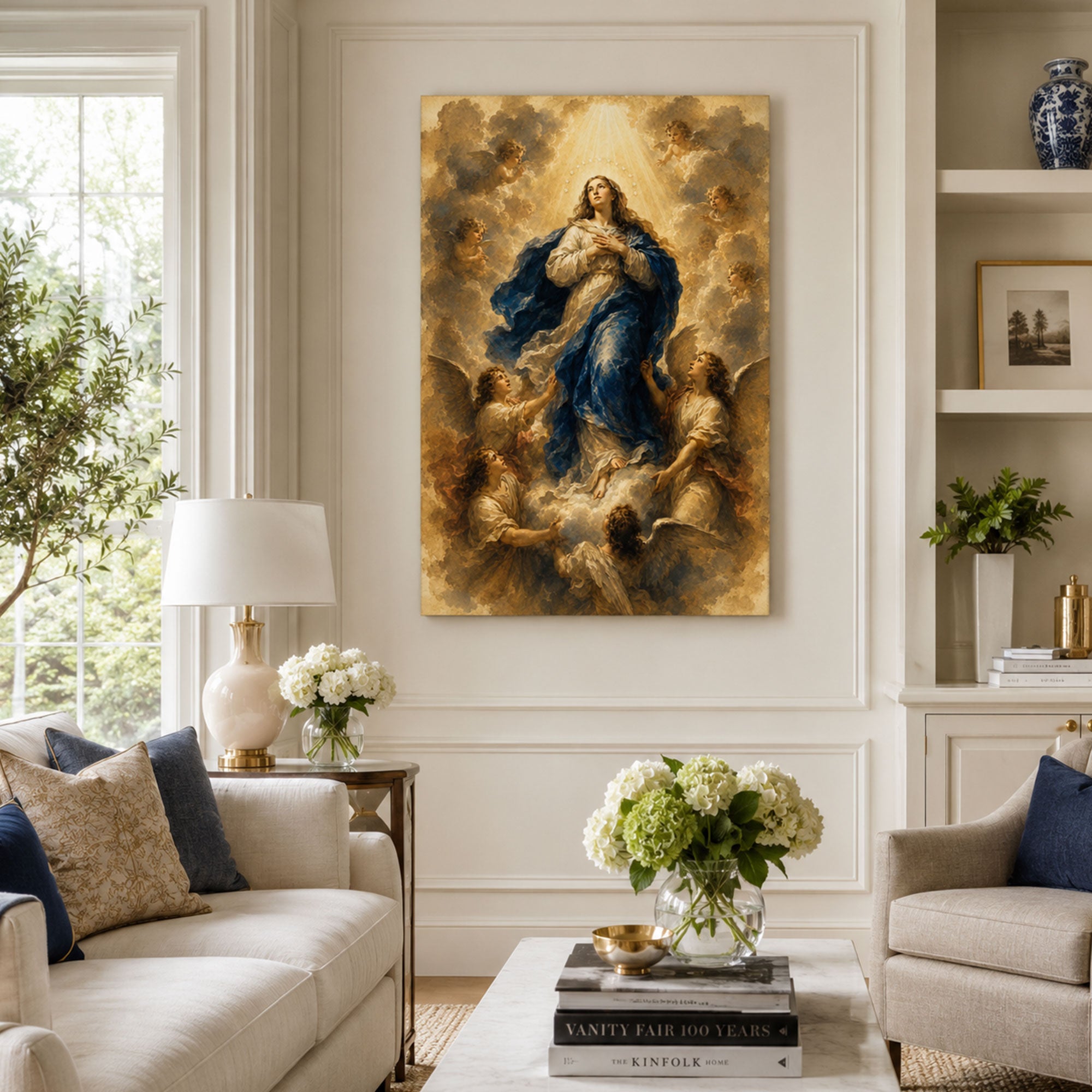 Our Lady Lifted by Angels Canvas Print, Catholic Home Decor