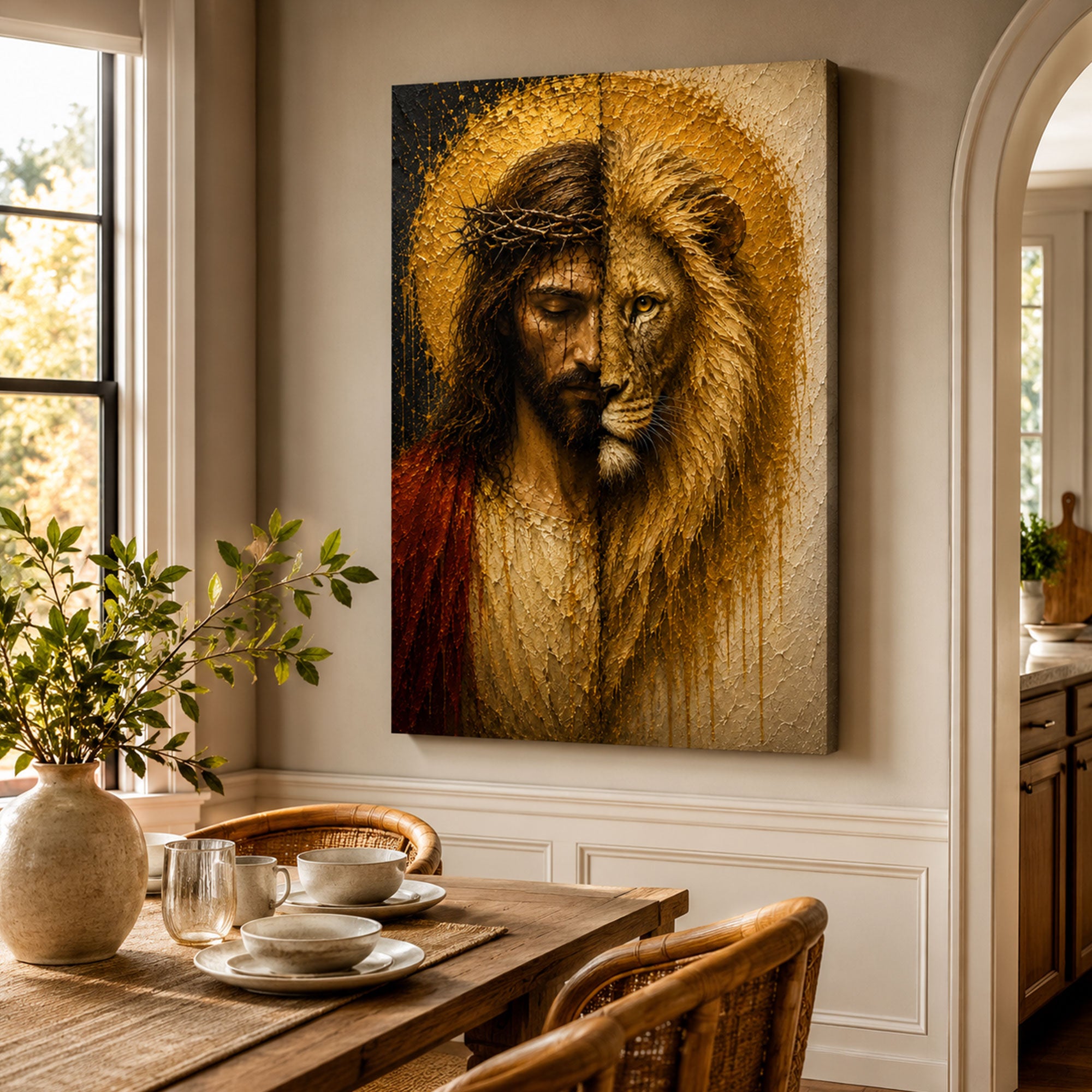 Lion of Judah Jesus Canvas Print, Crown of Thorns Christian Wall Art, Gold Faith Home Decor Gift