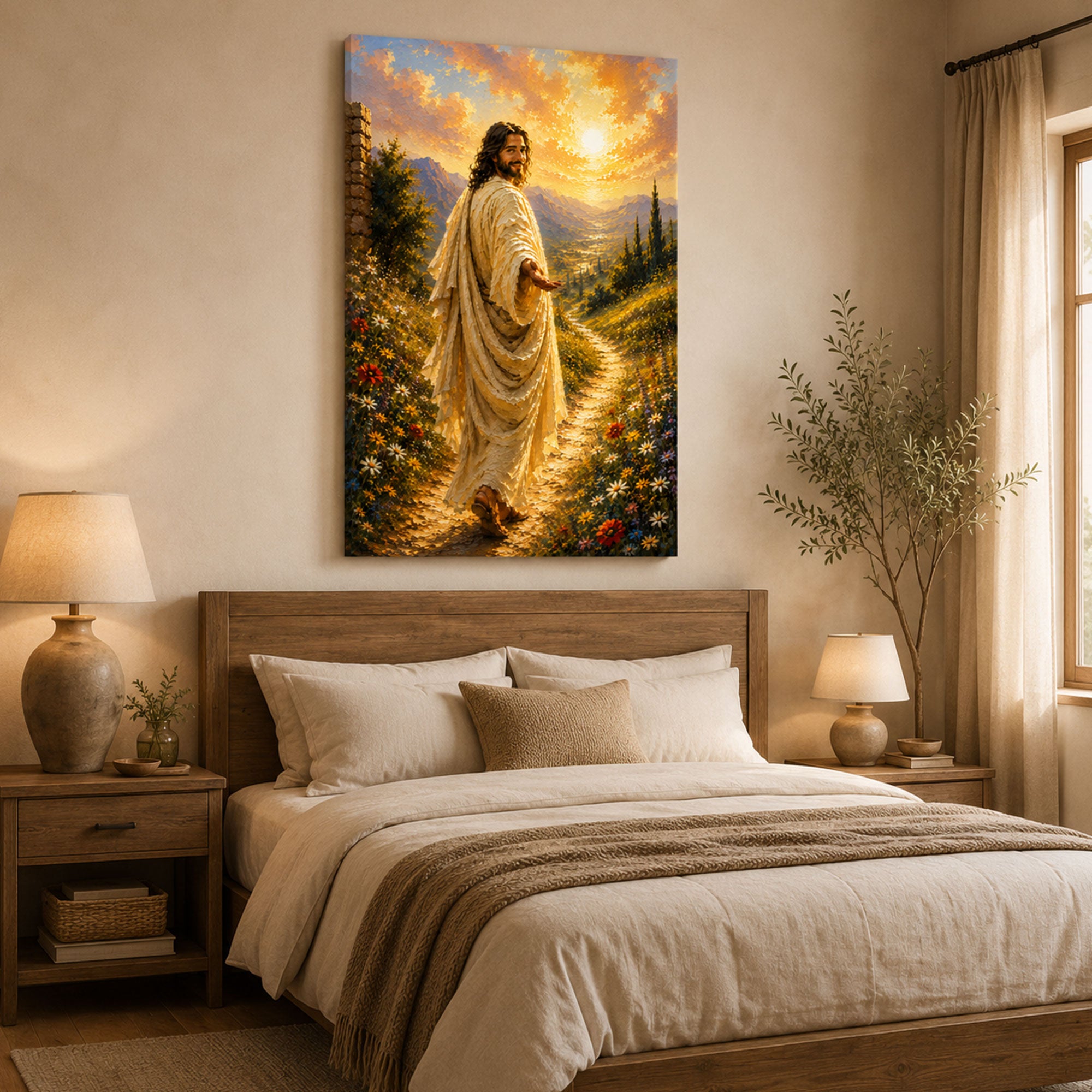 Jesus Reaching Out Canvas Print, Follow Me Christian Wall Art, Floral Path Faith Home Decor