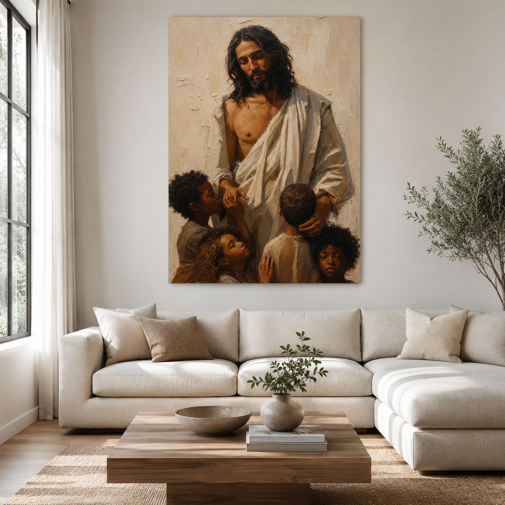 Black Jesus Blessing Children Canvas Print, Christian Family Wall Art, Faith Love Protection Home Decor