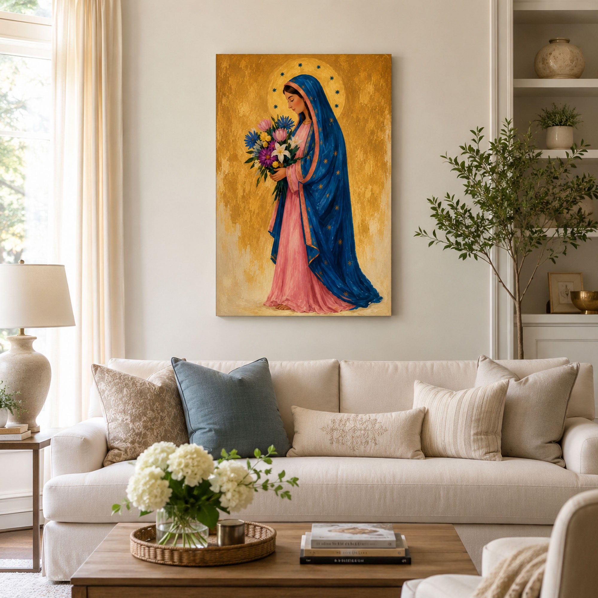 Virgin Mary with Flowers Canvas Print, Catholic Wall Decor, Marian Faith Gift
