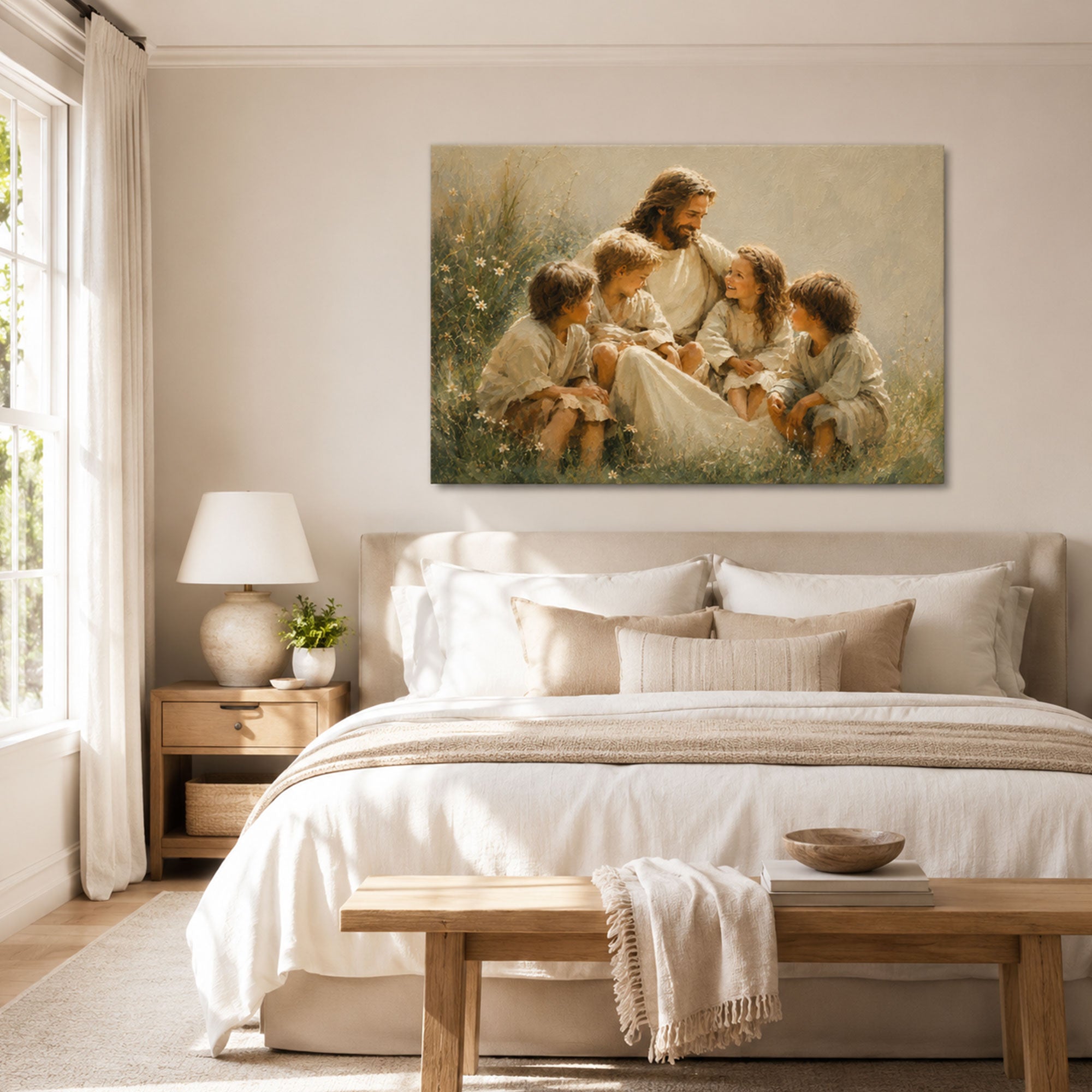 Jesus with Children Canvas Print, Matthew 19:14 Christian Wall Decor, Family Faith Gift