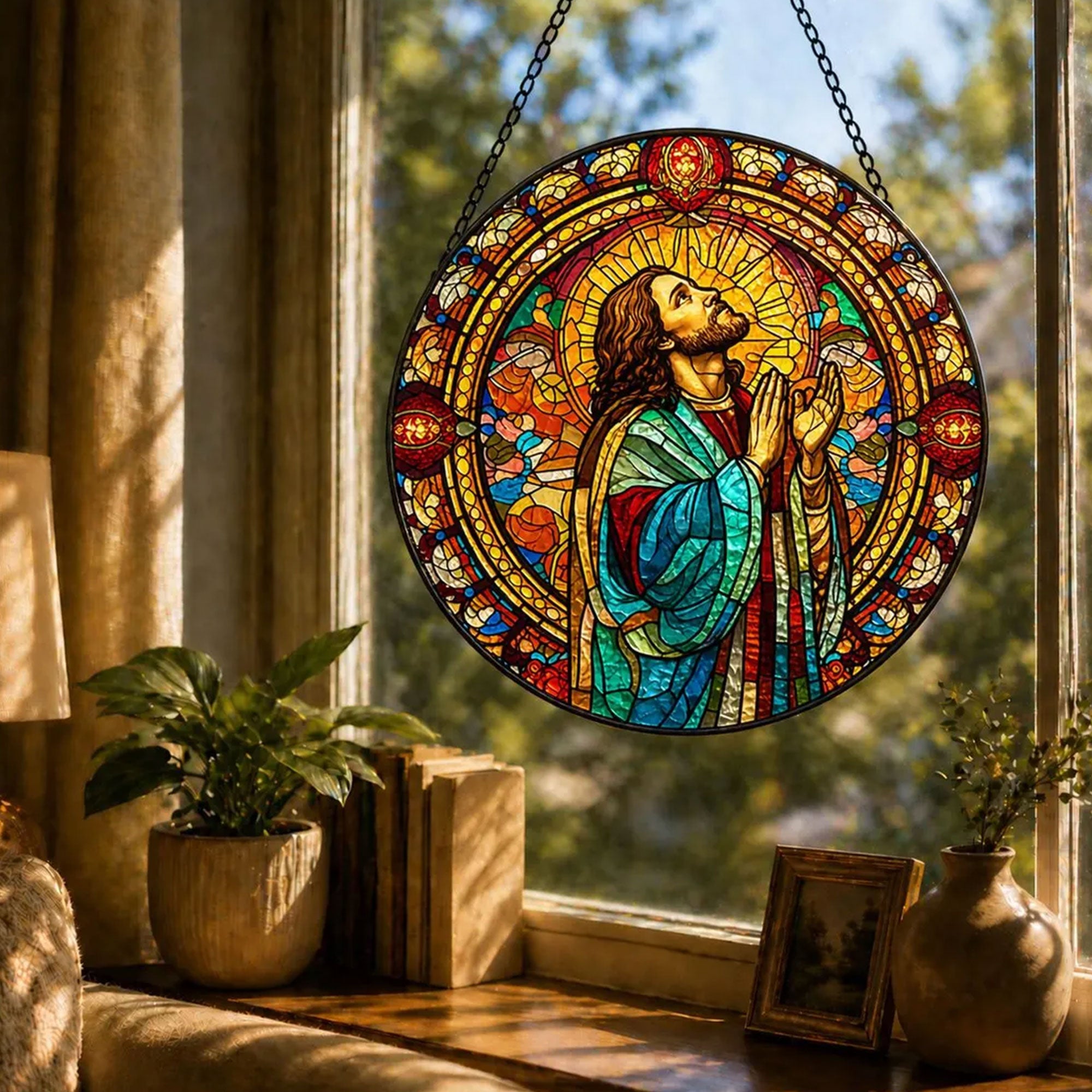Jesus Praying Stained Glass Suncatcher, Christian Window Hanging, Religious Home Decor Gift