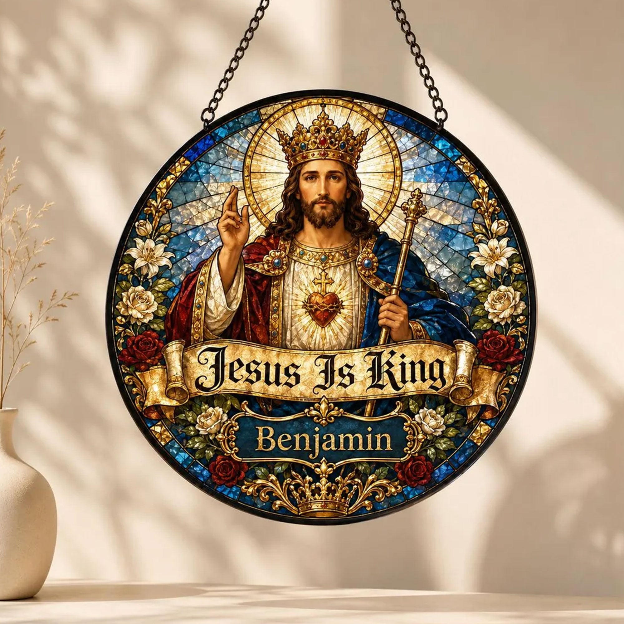 Personalized Jesus Is King Suncatcher, Custom Name Sacred Heart Window Hanging, Catholic Gift