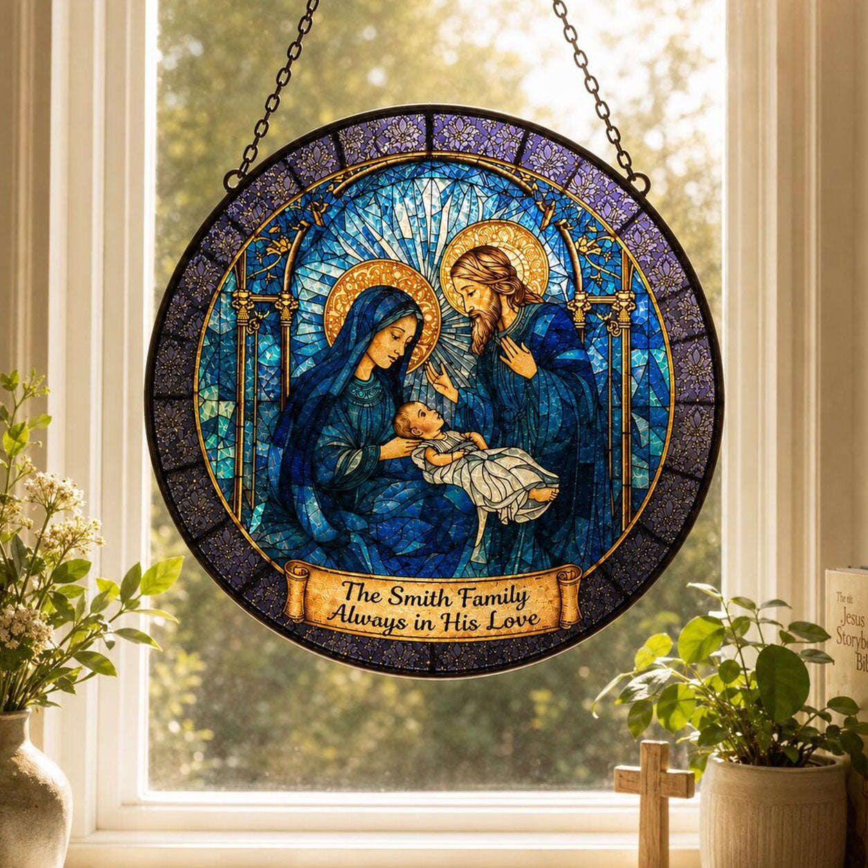 Personalized Holy Family Suncatcher, Custom Family Name Catholic Window Hanging, Christian Family Gift