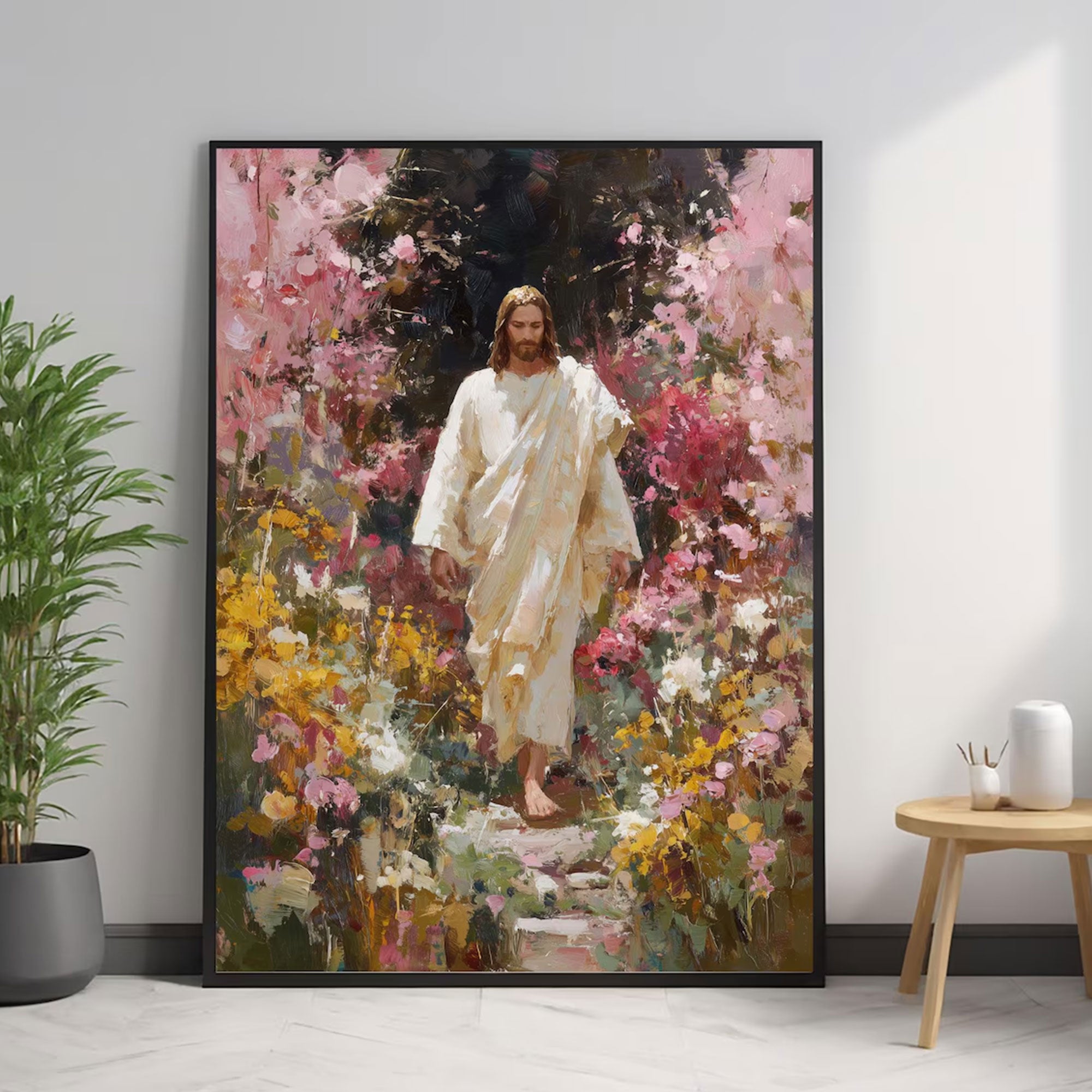 Jesus with Flowers Canvas Print, Christian Wall Art, Faith Based Religious Home Decor