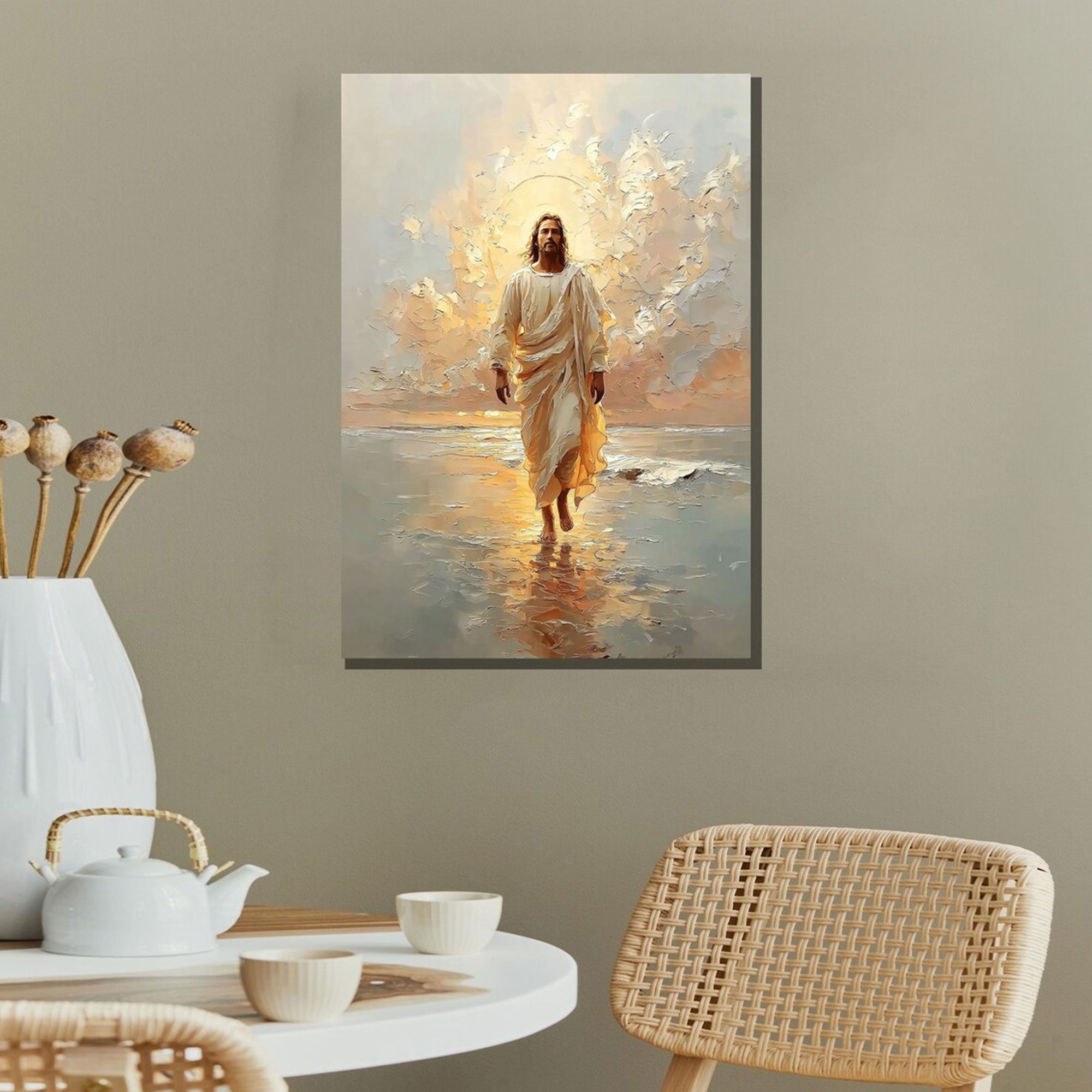 Jesus Walking in Light Canvas Print, Glorious Sunrise Faith Scene, Divine Presence Christian Wall Art, Prayer Room Decor, Ready to Hang Inspirational Gift