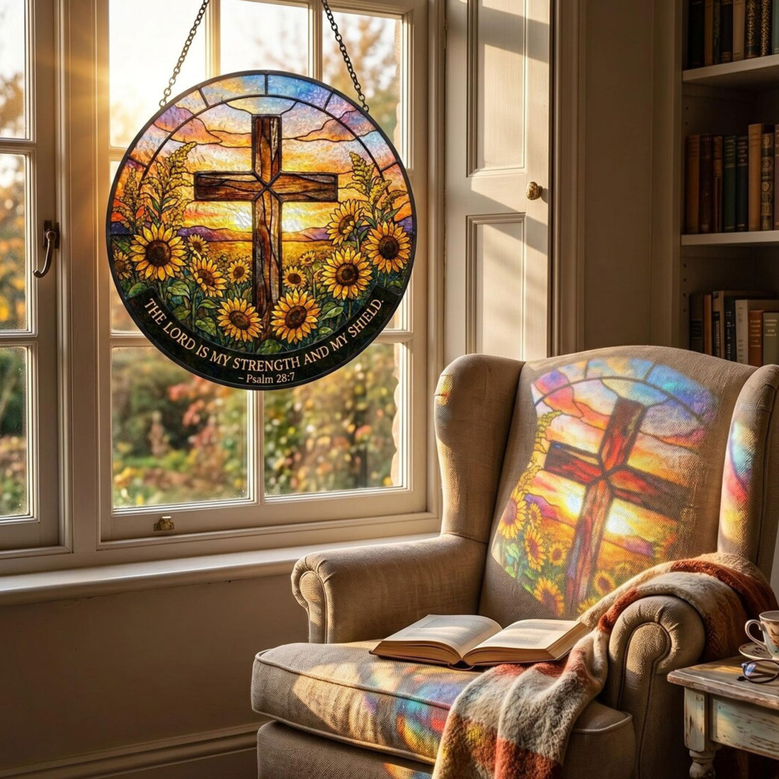 Psalm 28:7 Cross Suncatcher, The Lord Is My Strength and Shield, Sunflower Christian Window Decor