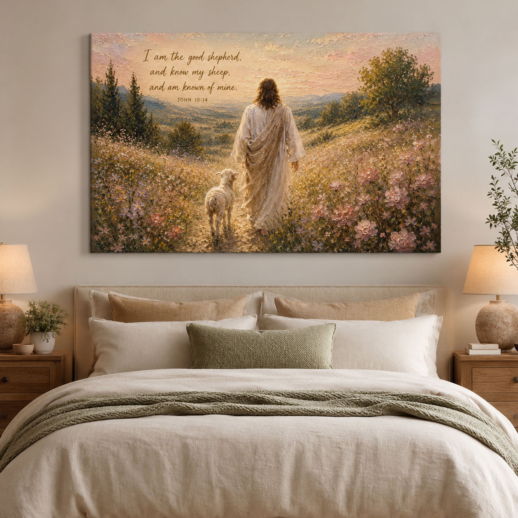 Jesus Good Shepherd Canvas Print John 10:14 Christian Wall Art Floral Landscape Faith Home Decor