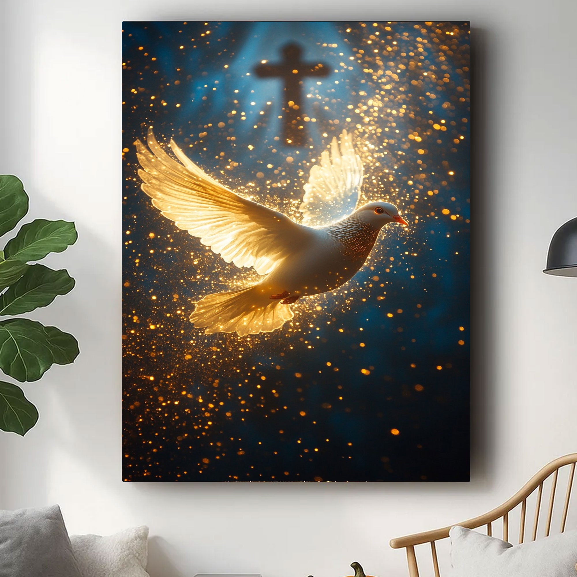 Light of the Spirit Canvas Print, Golden Dove and Cross Artwork, A Quiet Reminder of Faith, Presence, and Guidance