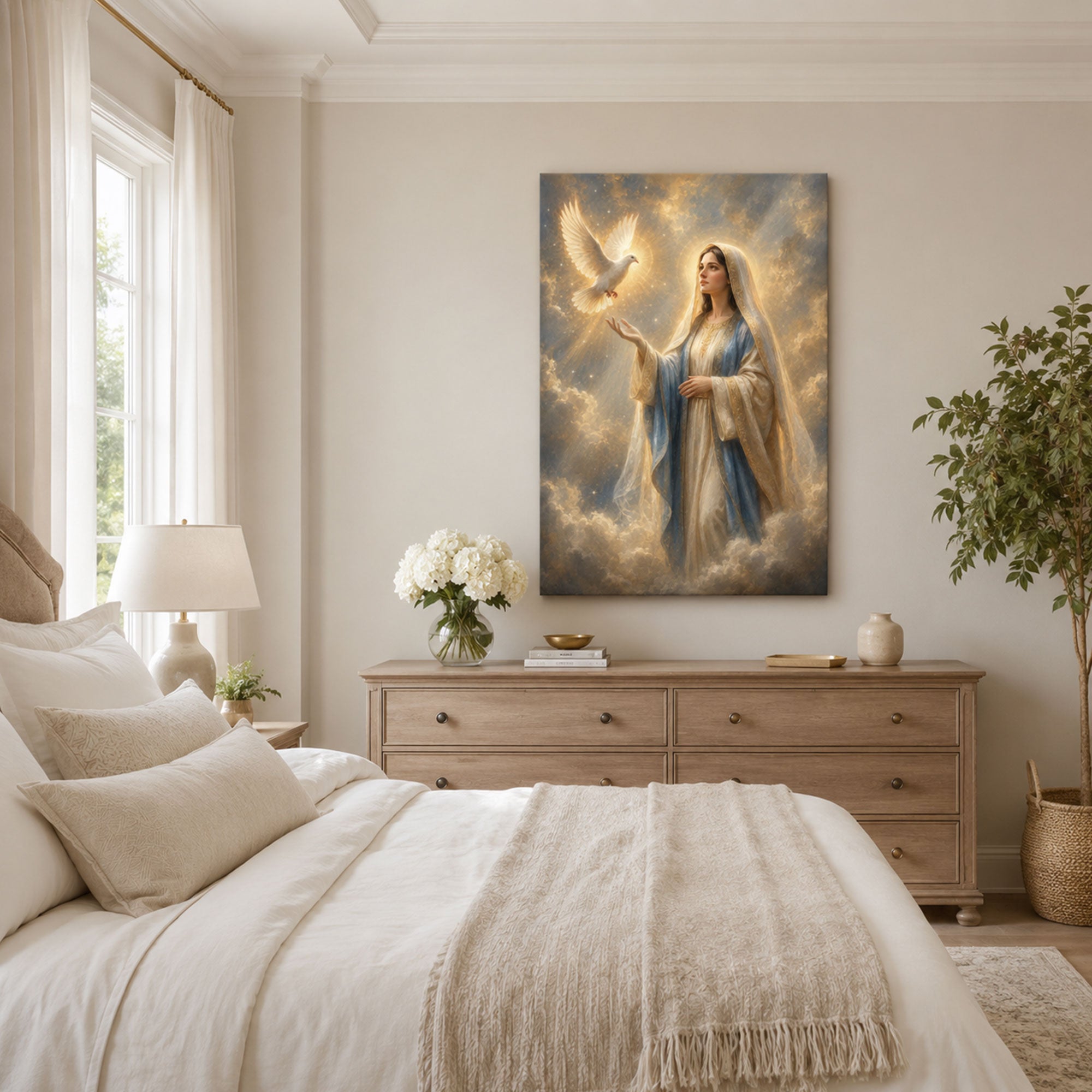 Virgin Mary with Holy Spirit Dove Canvas Print, Catholic Home Decor