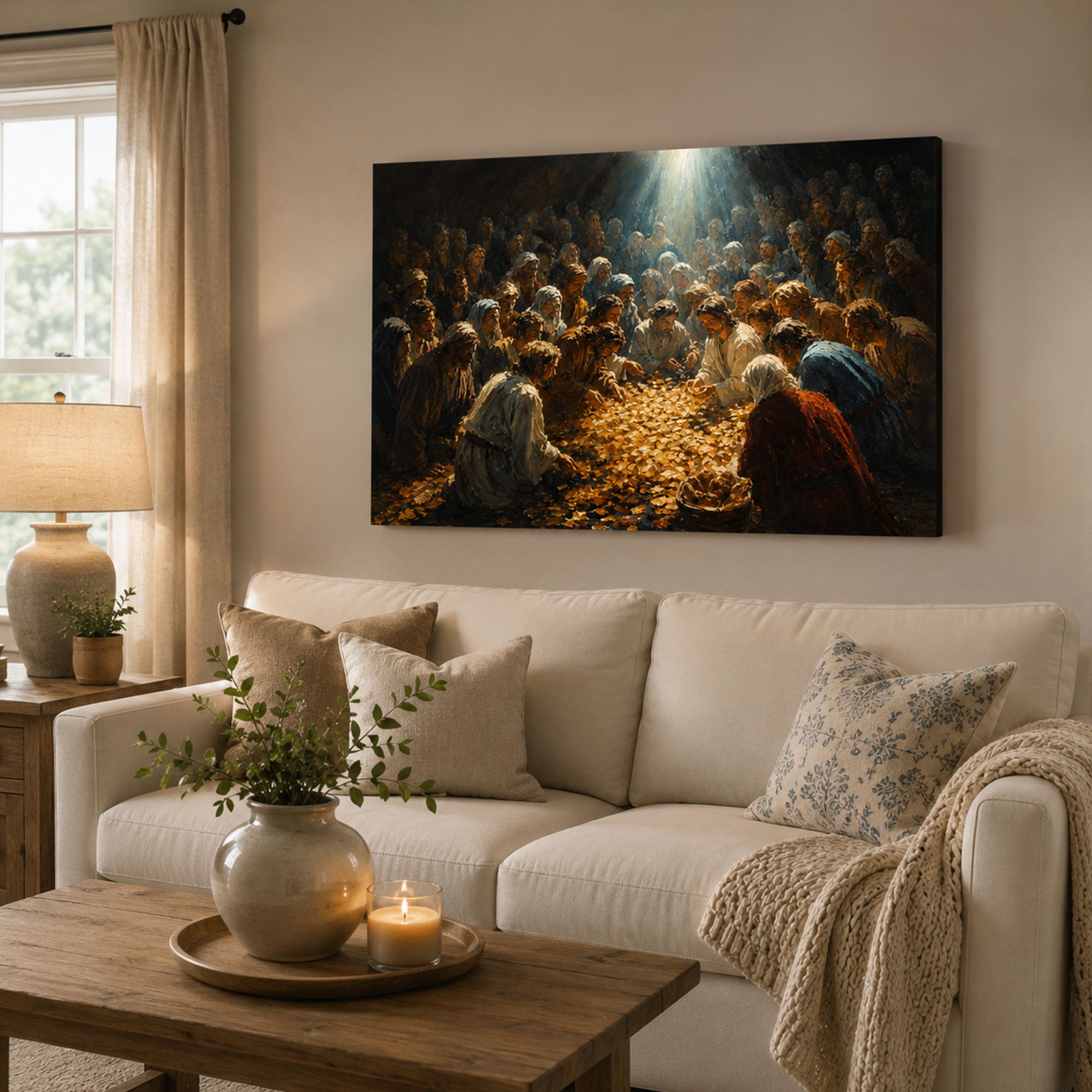 Jesus Feeding the Multitude Canvas Print, Miracle of Loaves and Fishes Christian Wall Decor, Faith Gift