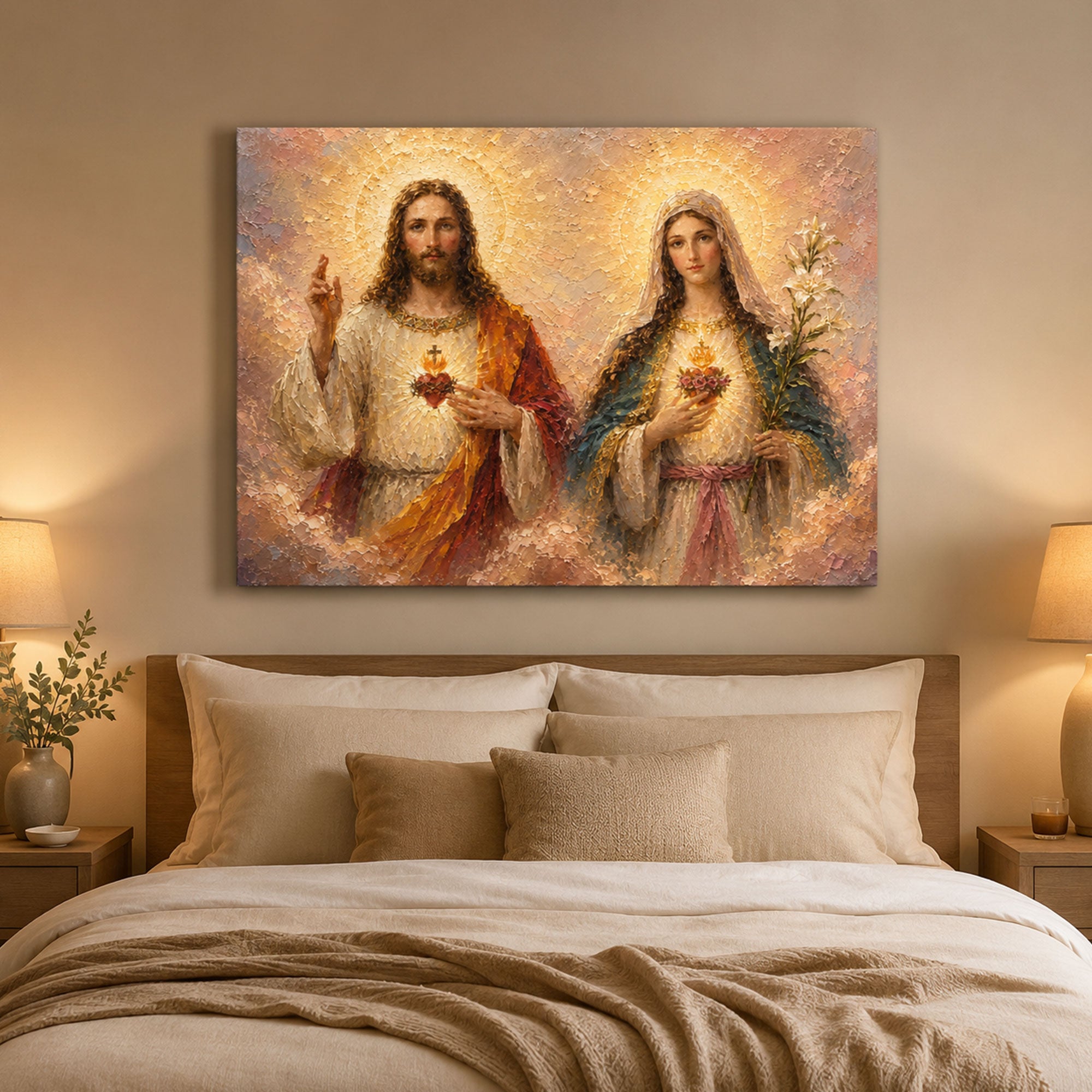 Sacred Heart of Jesus and Immaculate Heart of Mary Canvas Print, Catholic Wall Art, Christian Religious Home Decor, Devotional Faith Gift