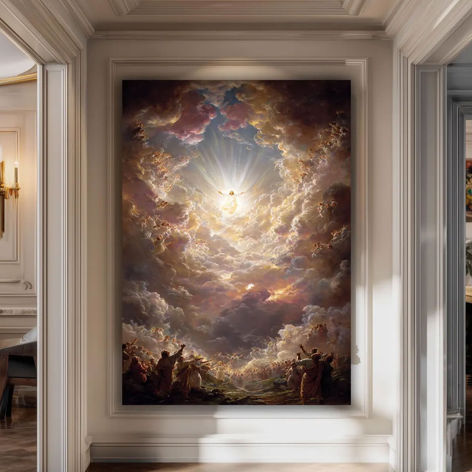 Heavenly Jesus Ascension Canvas Print, Christian Wall Decor, Spiritual Religious Artwork with Angels and Glorious Light