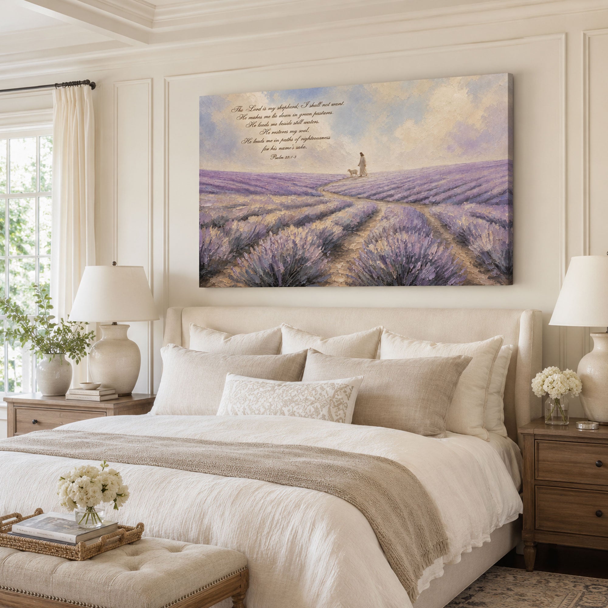 Psalm 23:1-3 Good Shepherd in Lavender Field Canvas Print, Christian Home Decor