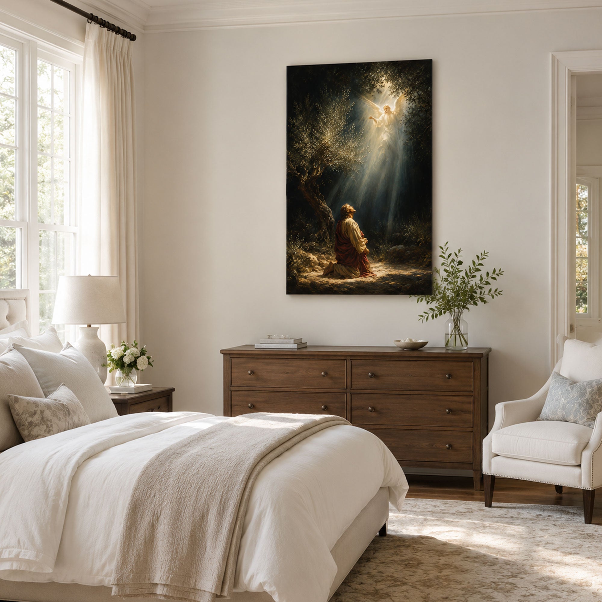 Jesus Praying in Gethsemane with Angel Canvas Print, Catholic Garden of Gethsemane Wall Art, Faith Home Decor Gift