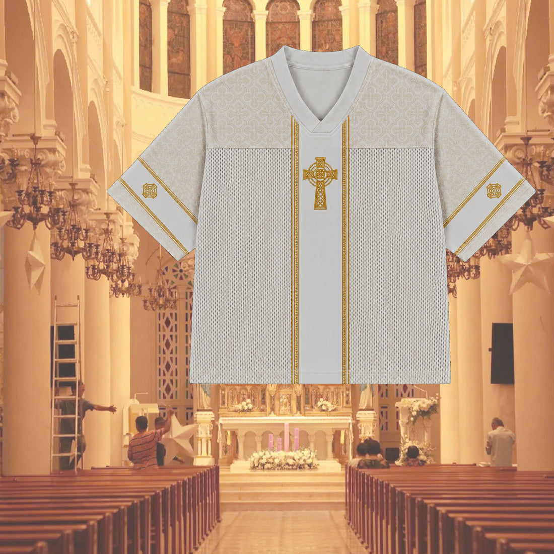 White Gold Celtic Cross Mesh Jersey, Catholic Christian Apparel