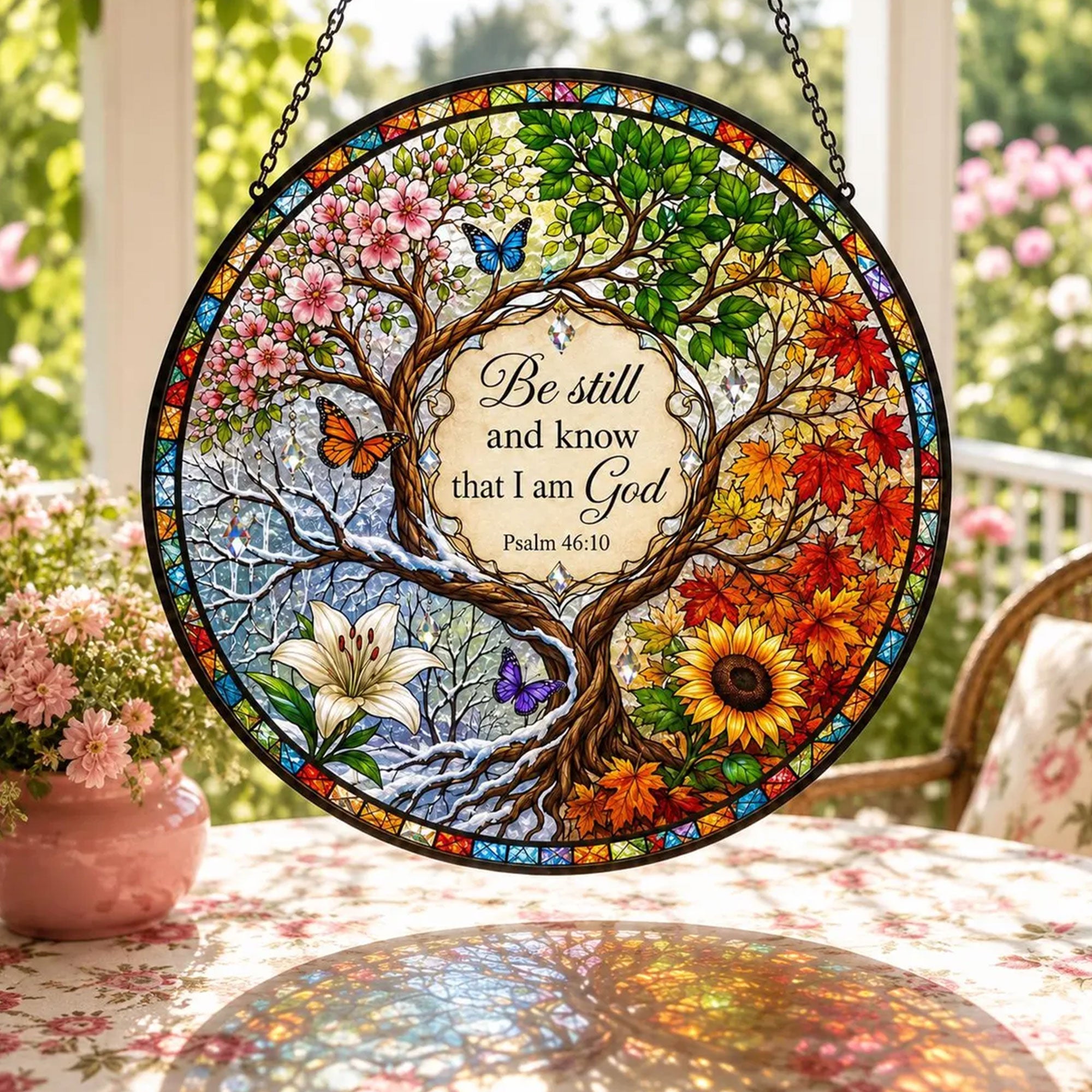 Be Still and Know That I Am God Suncatcher, Psalm 46:10 Christian Window Hanging, Four Seasons Faith Gift