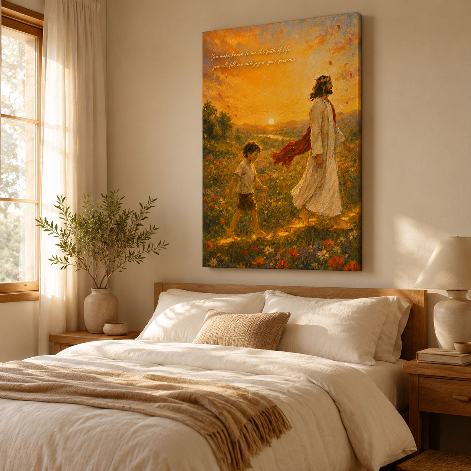 Impasto Jesus Walking With Child Canvas Print, Inspirational Christian Wall Art, Golden Sunset Faith Painting, Spiritual Home Decor