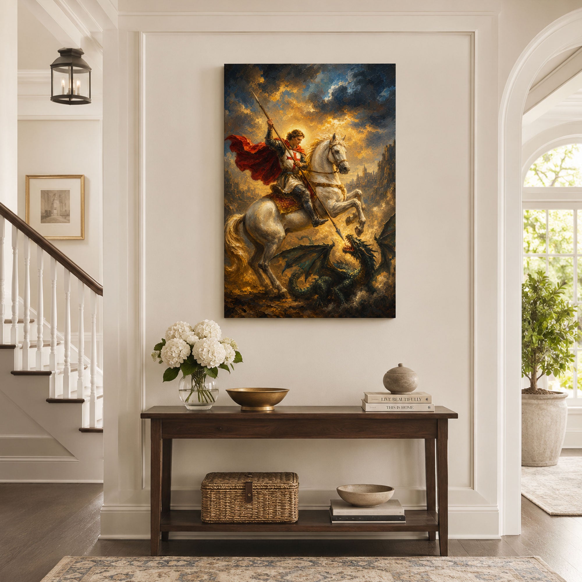 Saint George Spear of Faith Canvas Print, Stormlit Catholic Decor