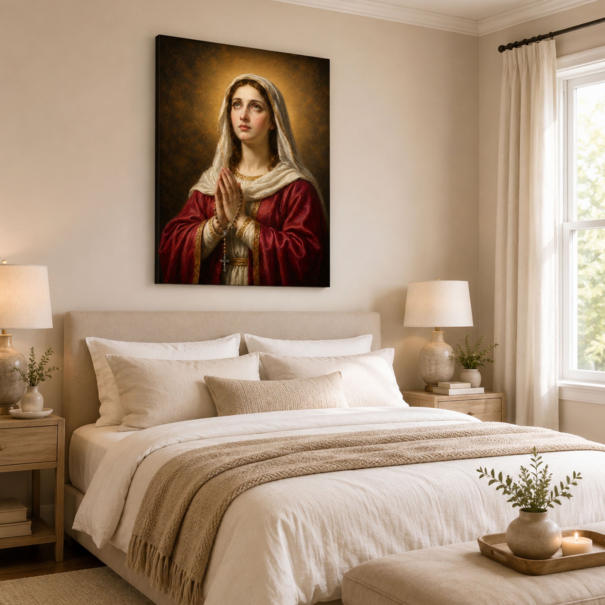 Virgin Mary Praying with Rosary Canvas Print, Catholic Wall Decor, Marian Faith Gift