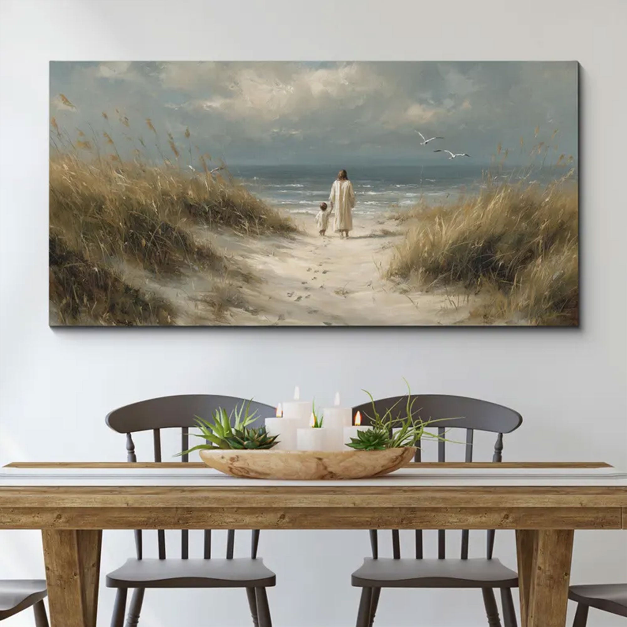 Jesus and Child Beach Canvas Print, Christian Coastal Wall Art, Faith Family Decor, Biblical Gift
