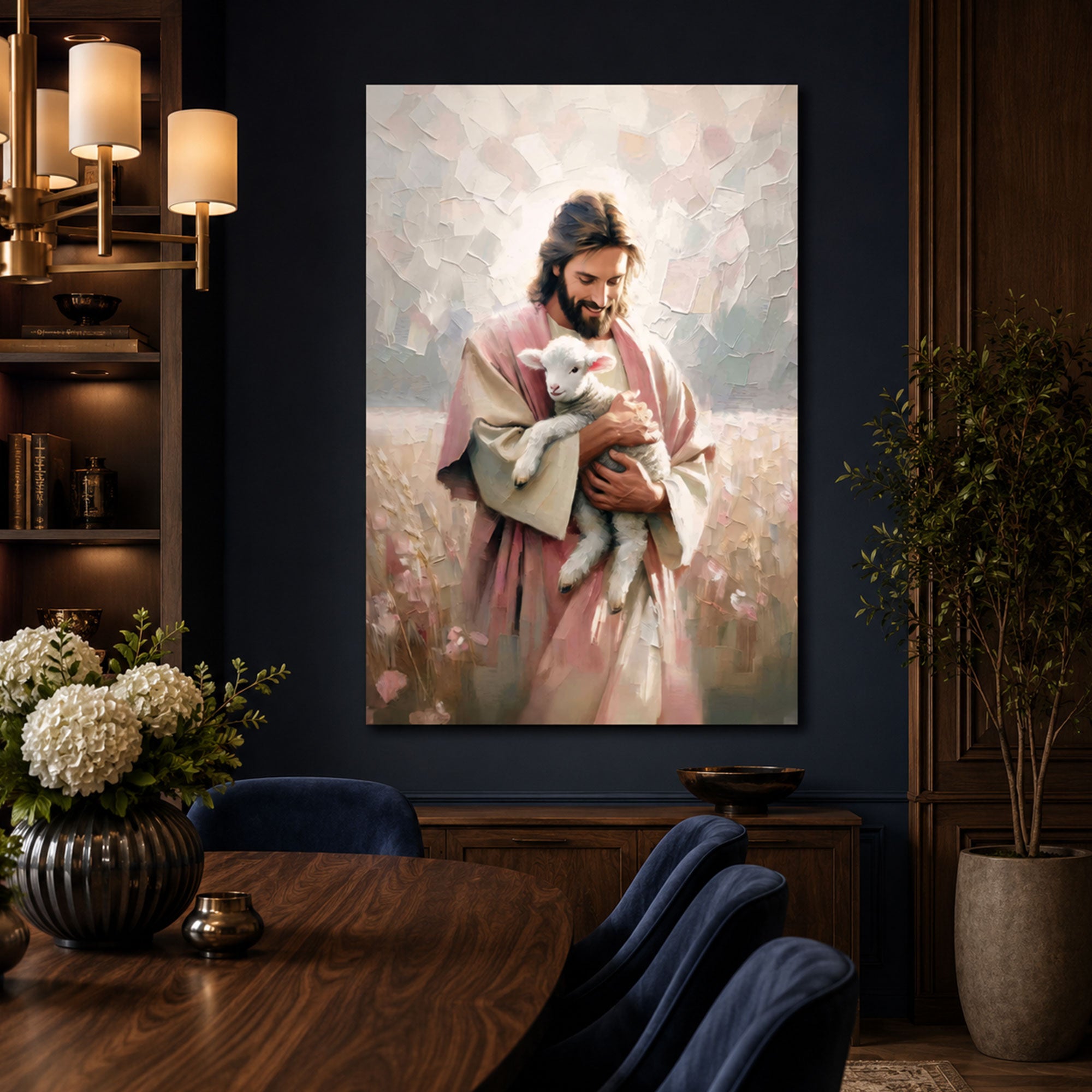 Jesus Embracing Lamb Canvas Print, Pink Christian Wall Art, Good Shepherd Faith Decor, Spiritual Religious Artwork