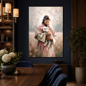 Jesus Embracing Lamb Canvas Print, Pink Christian Wall Art, Good Shepherd Faith Decor, Spiritual Religious Artwork
