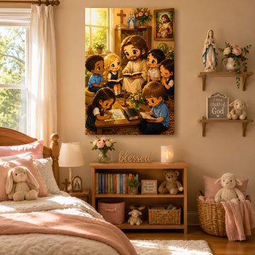 Jesus Teaching Children Canvas Print Cute Chibi Catholic Kids Wall Art Christian Classroom Nursery Decor